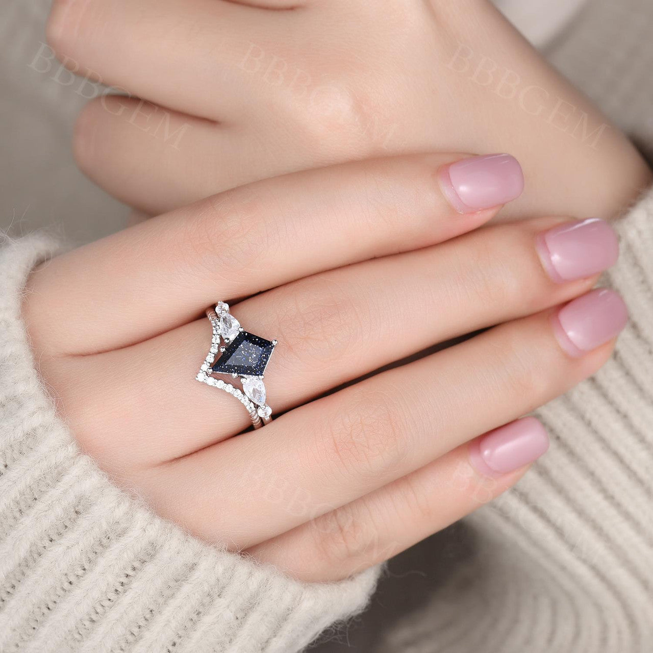 10x7mm Kite Cut Blue Sandstone Engagement Ring with Curved Moissanite Matching Band in 14K White Gold - Perfect for Weddings, Proposals & Anniversary Gifts