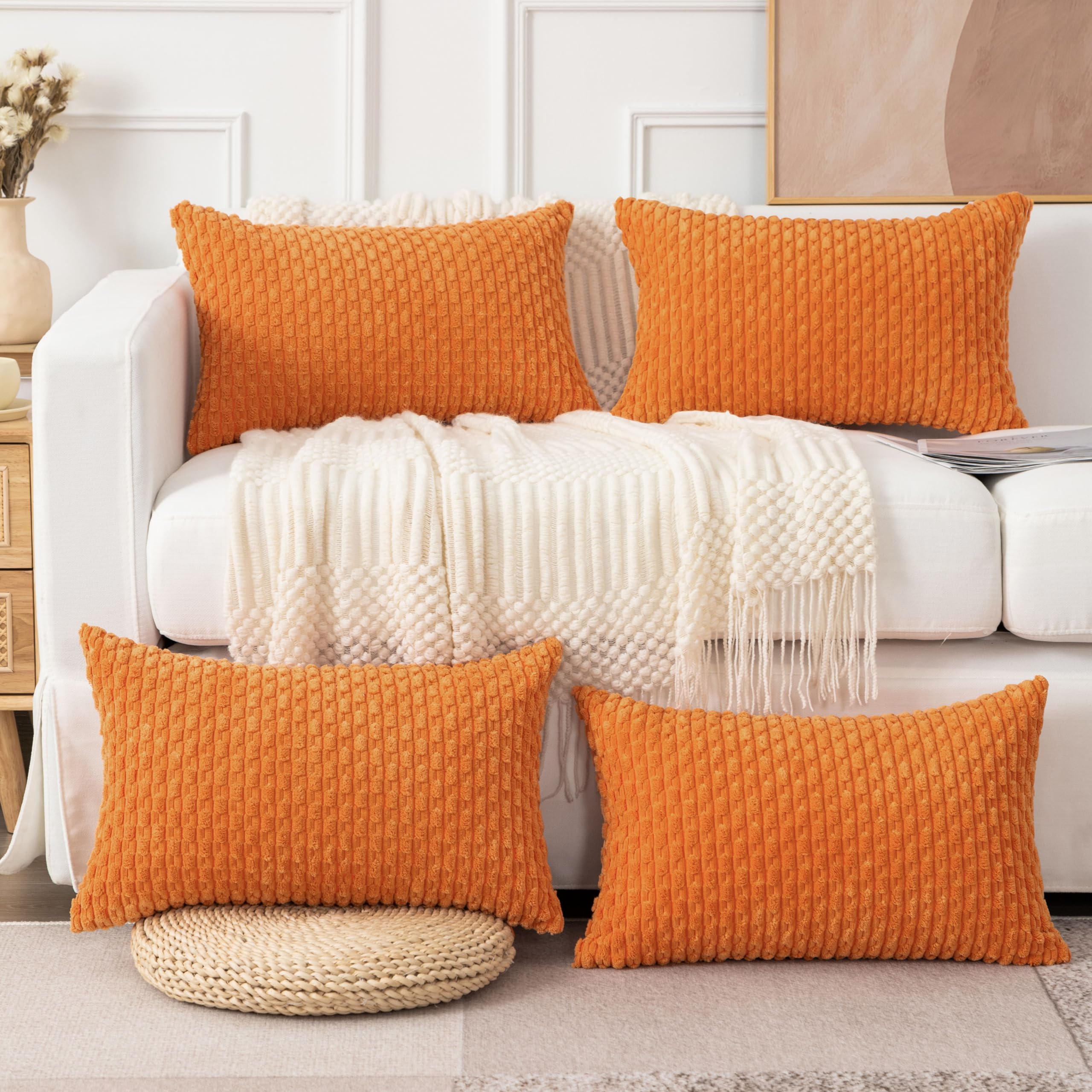 UGASA Soft Corduroy Pillow Covers Set of 4 - 12x20 Inch Boho Stripe Decorative Lumbar Pillow Cases for Sofa, Couch & Bed - Fall Home Decor in Modern Farmhouse Style (Orange) - Perfect for Living Room, Bedroom & Cozy Reading Nook