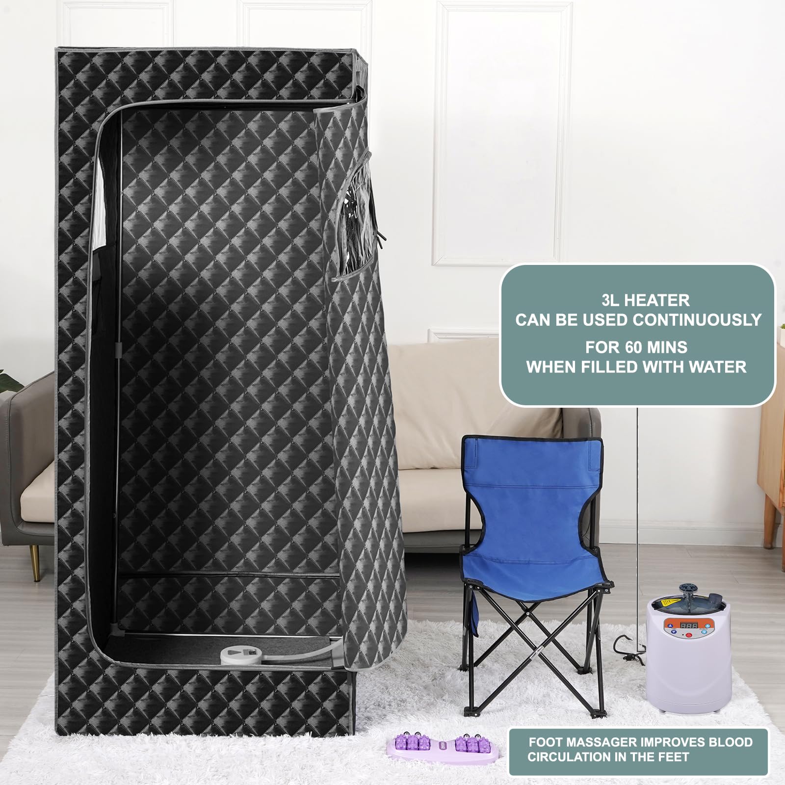 Portable Home Sauna Tent for Single Person - 3L 1100W Steamer, Large Full Body Steam Sauna Box with Chair, Foot Massager & Remote Control (Grey) - Perfect for Home Spa, Relaxation & Detox Therapy