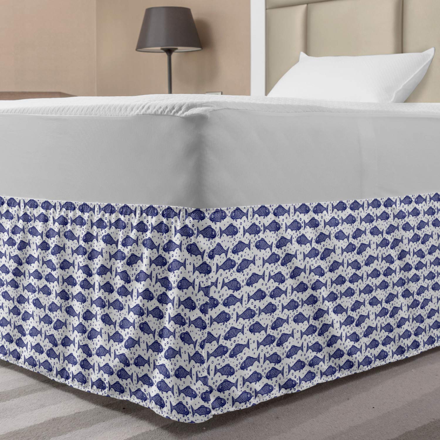 Ambesonne Nautical Elastic Bed Skirt - Monochrome Hand Drawn Fish Pattern with Minimal Bubbles, Wrap Around Dust Ruffle for Twin/Twin XL Beds, Violet Blue & White - Perfect for Coastal & Beach Themed Bedrooms, Guest Rooms & Vacation Homes