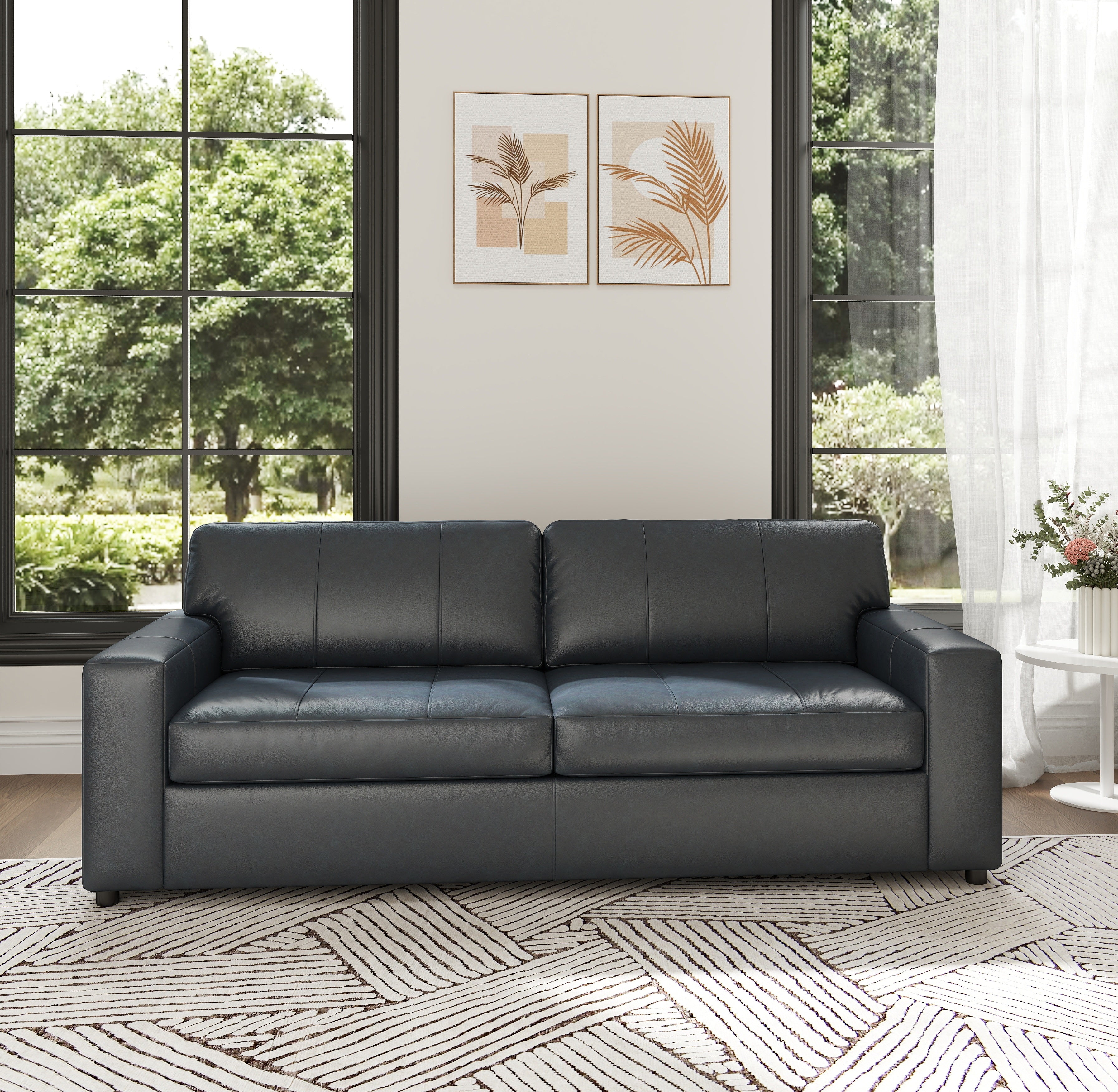 Roundhill Furniture Sakan Genuine Leather Upholstered Sofa - Modern Living Room Couch for Home, Office & Lounge Comfort