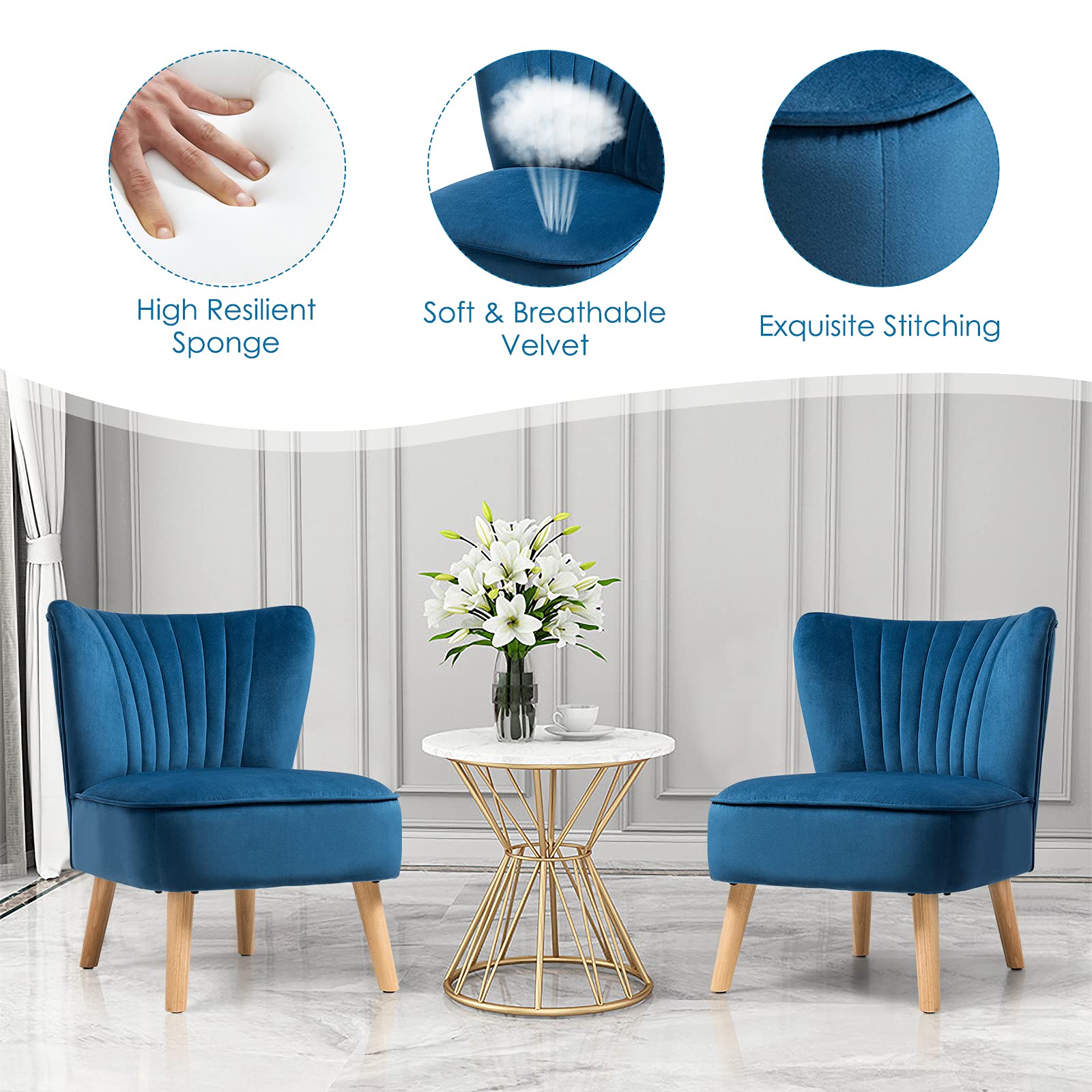 Velvet Modern Armless Accent Chair with Rubber Wood Legs & Thick Sponge Seat - Upholstered Wingback Leisure Sofa for Living Room, Bedroom & Office - Blue Comfort Chair for Relaxing, Reading & Small Space Decor