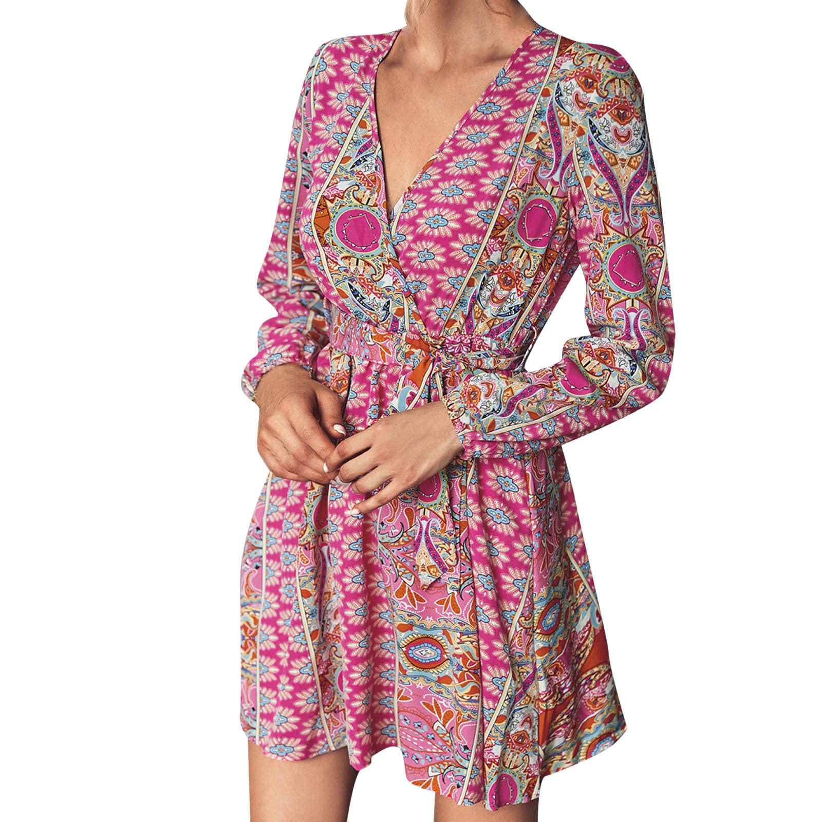 STKOOBQ Women's Long Sleeve Wrap Dress - Flattering V-Neck Printed Casual Dress for Spring | Perfect for Office, Date Night & Weekend Outings