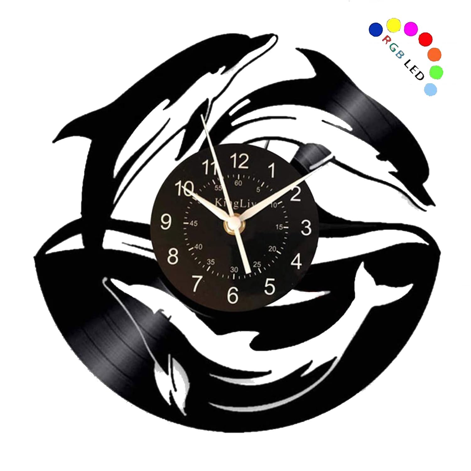 KingLive 12 Inch Black LED Vinyl Record Wall Clock with Dolphin Art - Modern Home, Office, Kids Bedroom Decor - Unique Gift Idea for Music Lovers & Creative Spaces