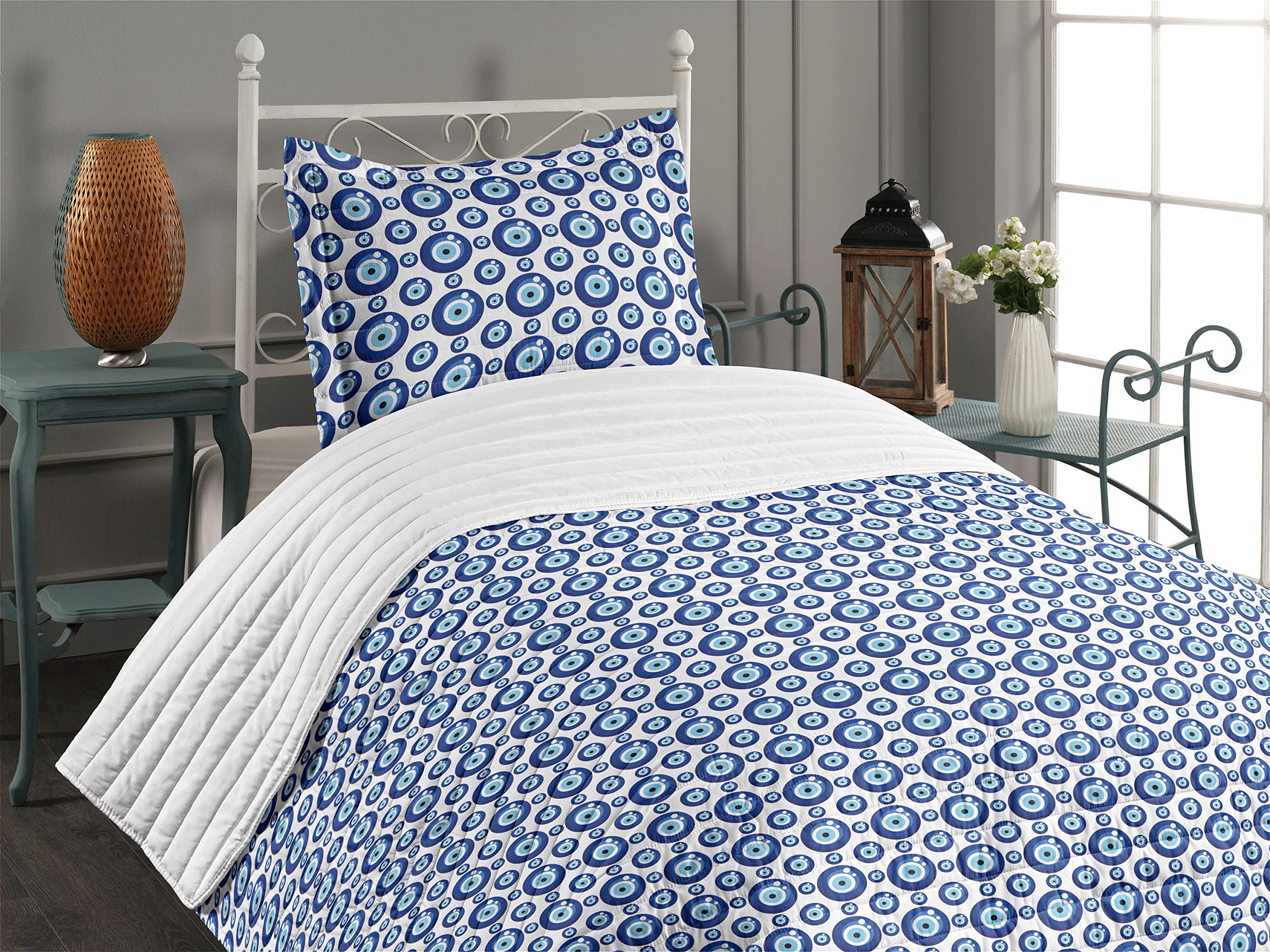 Ambesonne Evil Eye Microfiber Bedspread Set - Symmetrical All Seeing Eye Turkish Ethnic Design, Soft Twin Size Bedding with Pillow Sham & Comforter in Blue, Pale Blue & White | Perfect for Bedroom Decor, Guest Room, Dorm Room & Spiritual Protection