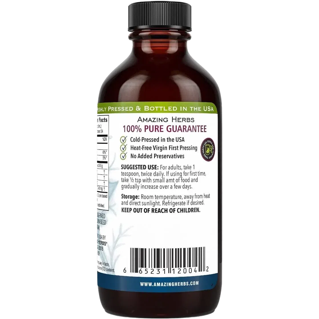 Amazing Herbs Premium Black Seed Oil - Cold Pressed, 100% Pure, Organic Nigella Sativa Oil for Immune Support, Skin & Hair Care - Perfect for Daily Wellness & Natural Remedies