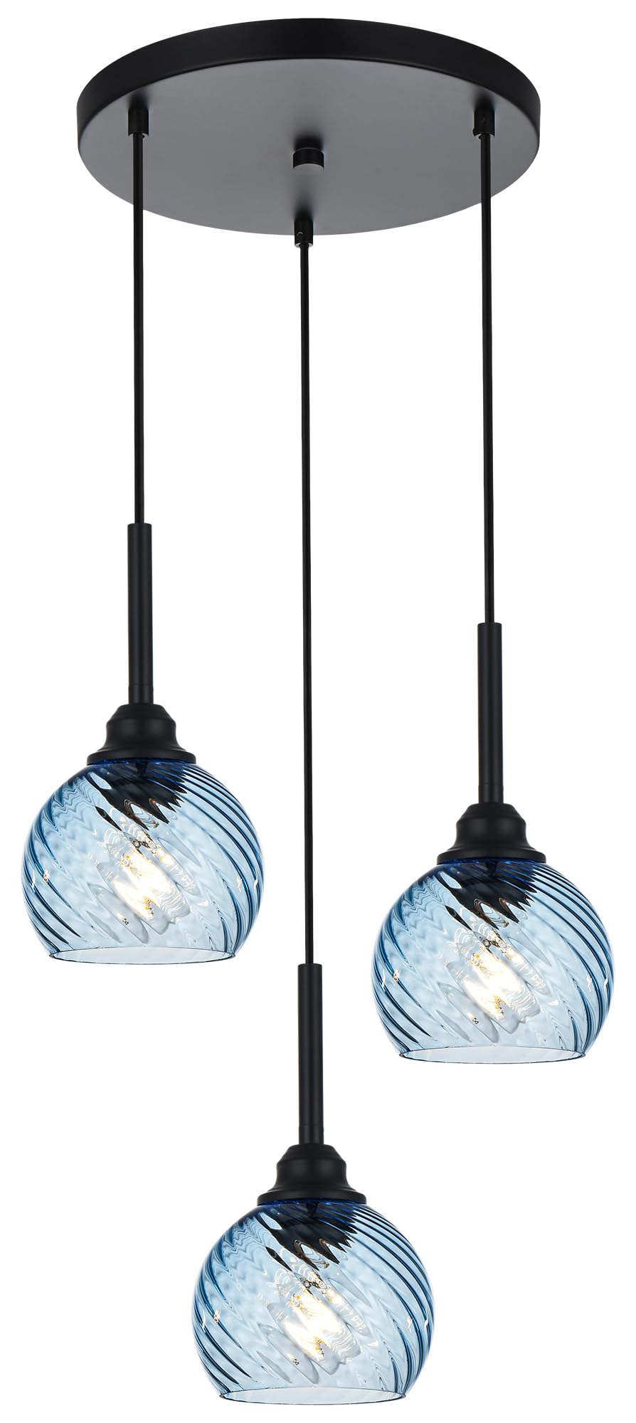 Modern Blue Striped Swirl Glass 3-Light Pendant Lighting for Kitchen Island & Dining Room - Cluster Hanging Ceiling Light with E26 Base - Perfect for Kitchen Counter, Breakfast Bar & Dining Table Ambiance