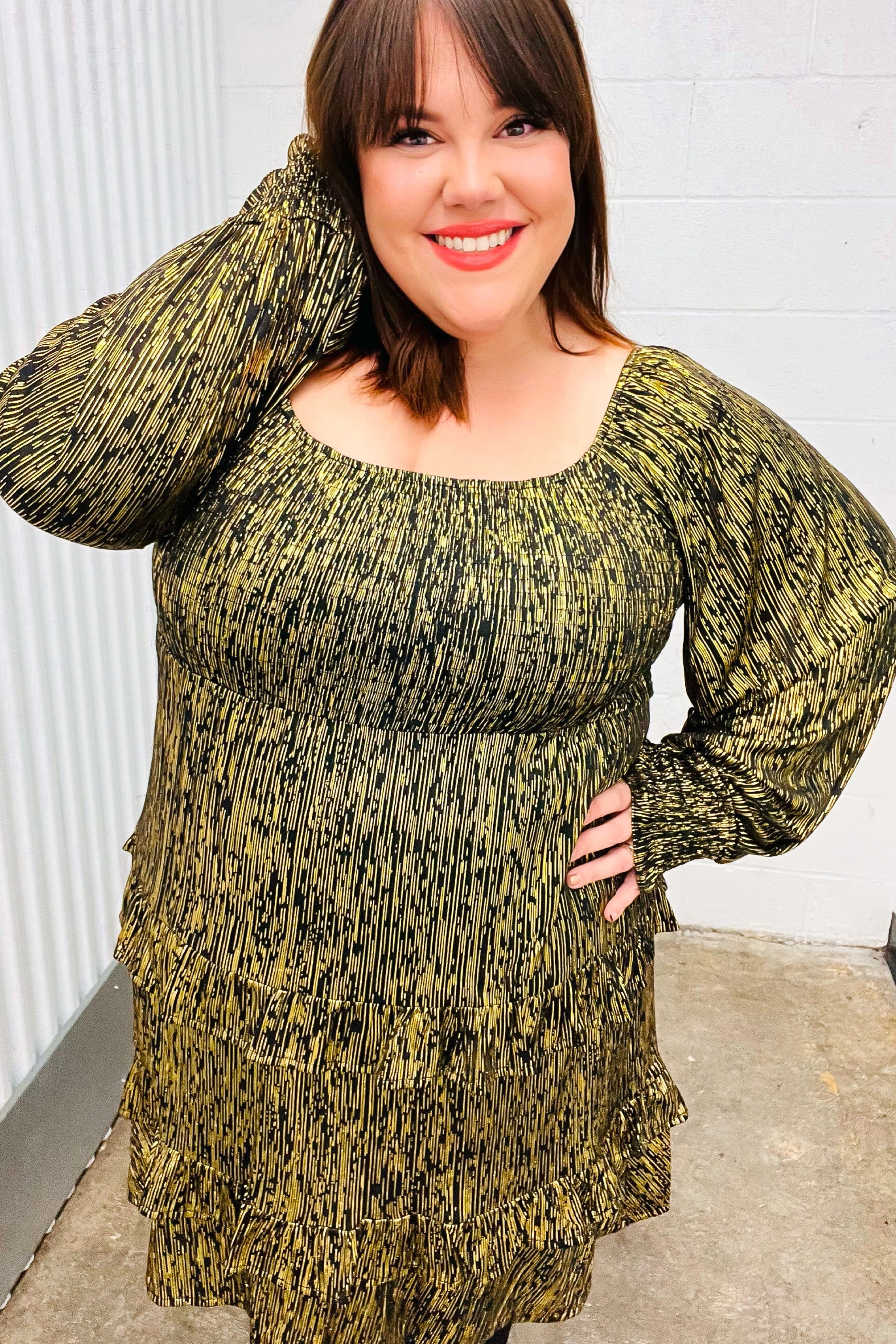 Elegant Black Gold Foiled Smocked Fit & Flare Dress for Women - Perfect for Cocktail Parties, Weddings & Evening Events