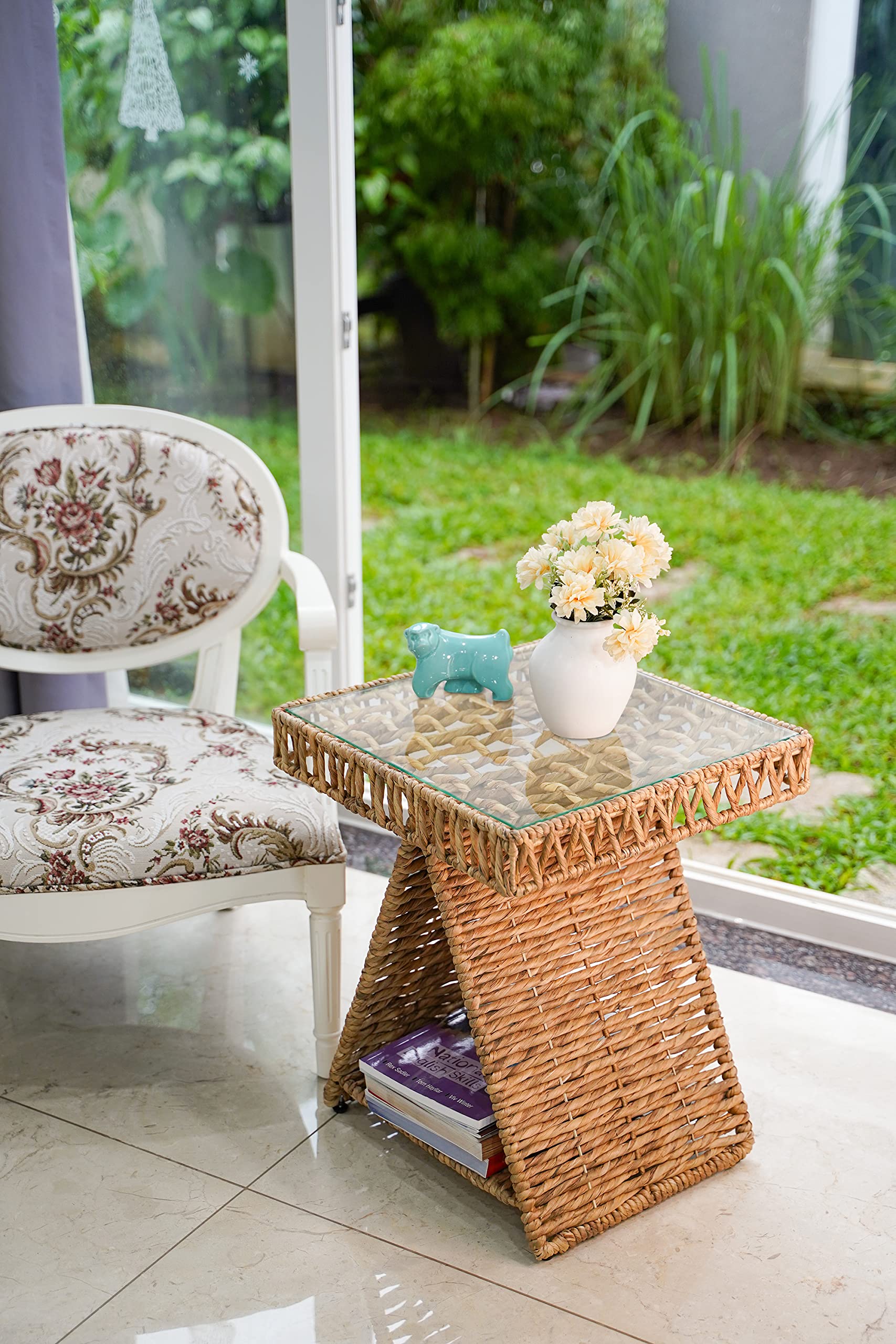 Geometric Square Triangle Woven Water Hyacinth End Table with Tempered Glass Top & Shelf - Natural Fiber Side Table for Living Room, Bedroom, or Office - Modern Boho Home Decor Accent Table (Model H122336)