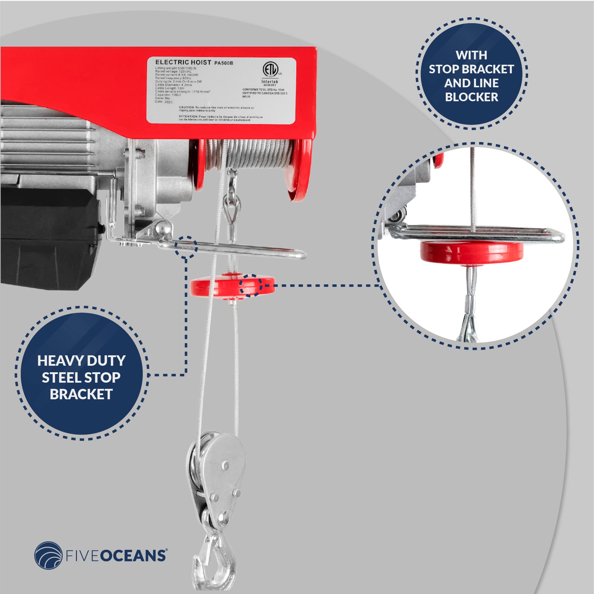Five Oceans 880 Lb Electric Hoist with Wireless Remote Control - 110V Heavy Duty Winch & Pulley System for Garage, Workshop, Construction, and Industrial Lifting