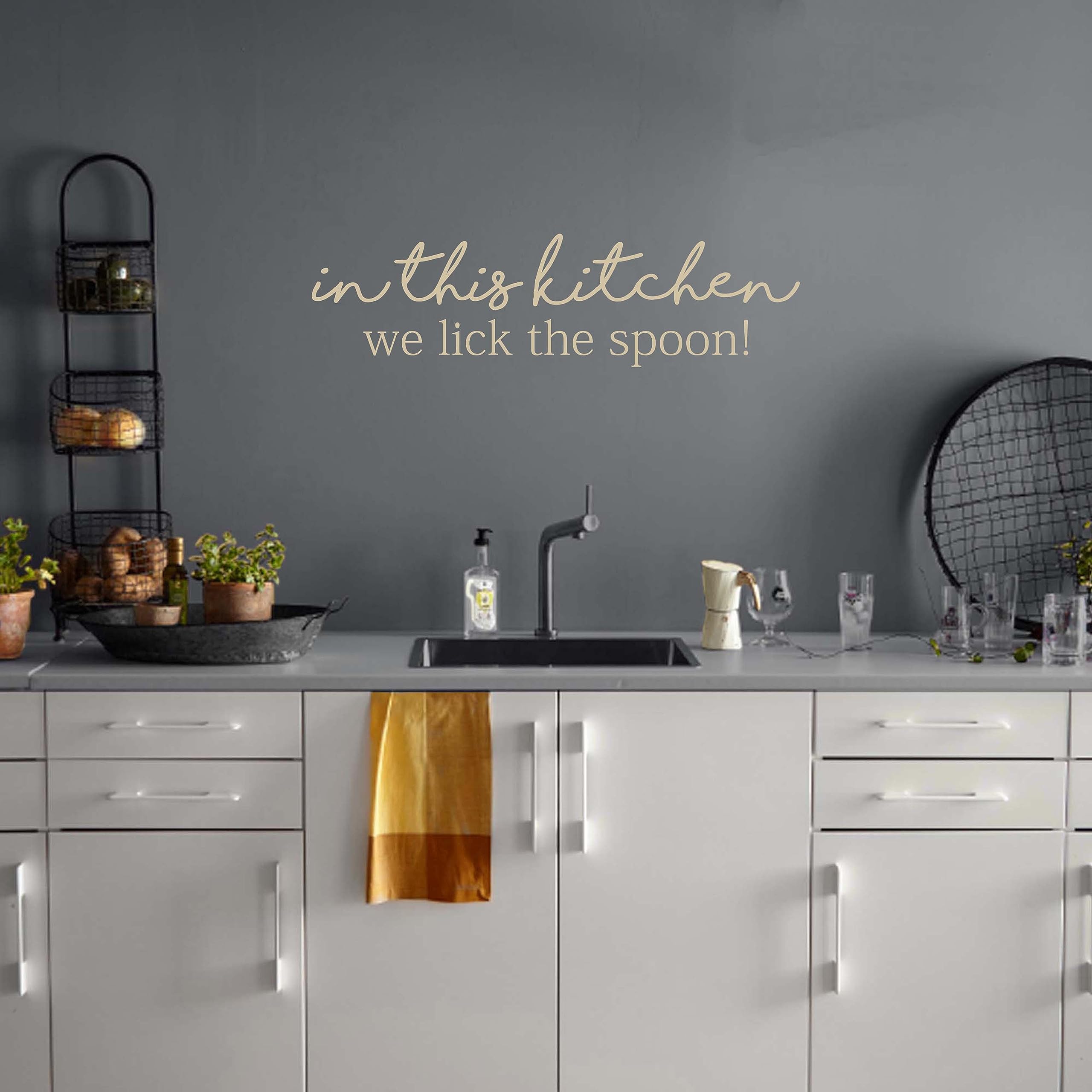 Kitchen Wall Decal Sticker - 'In This Kitchen We Lick The Spoon' Quote Vinyl Art for Doors & Walls | Removable Tan Kitchen Decor | Perfect for Farmhouse, Modern & Rustic Kitchens