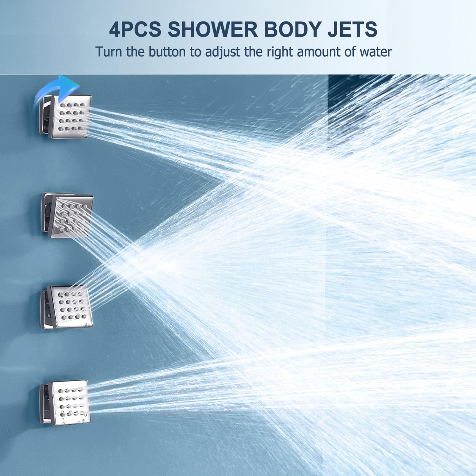 4PCS Square Shower Body Jet Spray - Brass Head Massage Spa System with On/Off Flow Control - Polished Chrome Finish for Bathroom & Luxury Shower Experience
