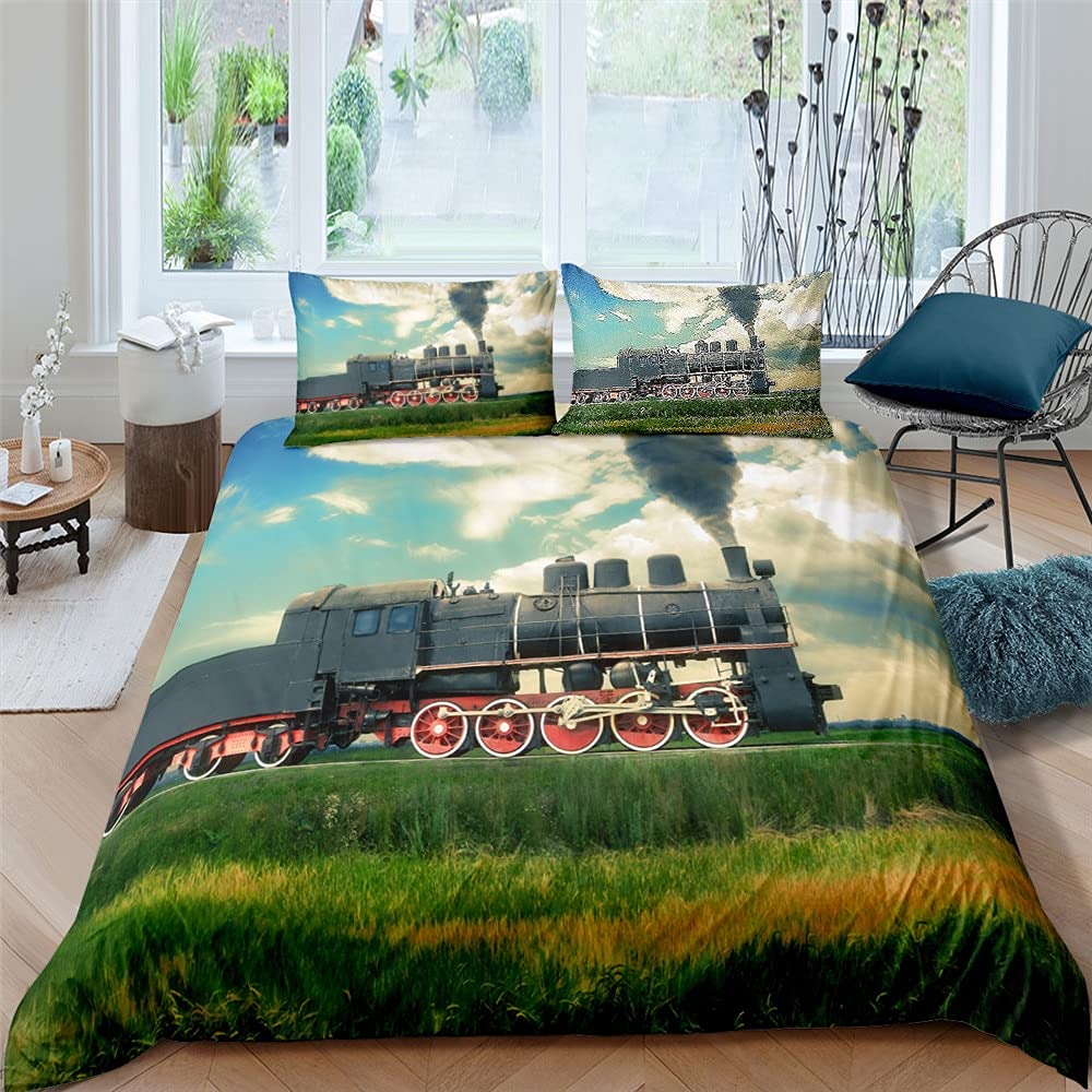 3D Train Duvet Cover Queen Size 200x200cm for Kids Bedroom Decor