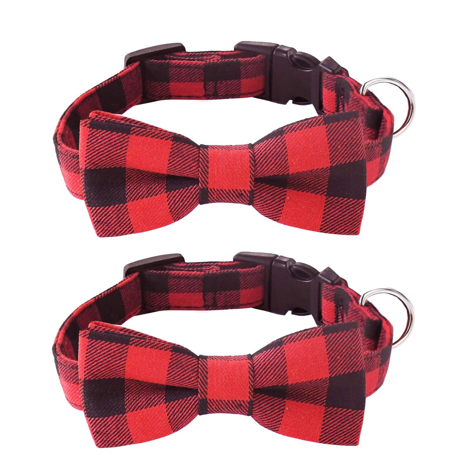 Malier 2 Pack Adjustable Dog Collar with Bow Tie - Christmas Plaid Pattern Pet Collar with Light for Small Medium Large Dogs & Cats | Perfect for Holiday Photos, Parties & Daily Walks