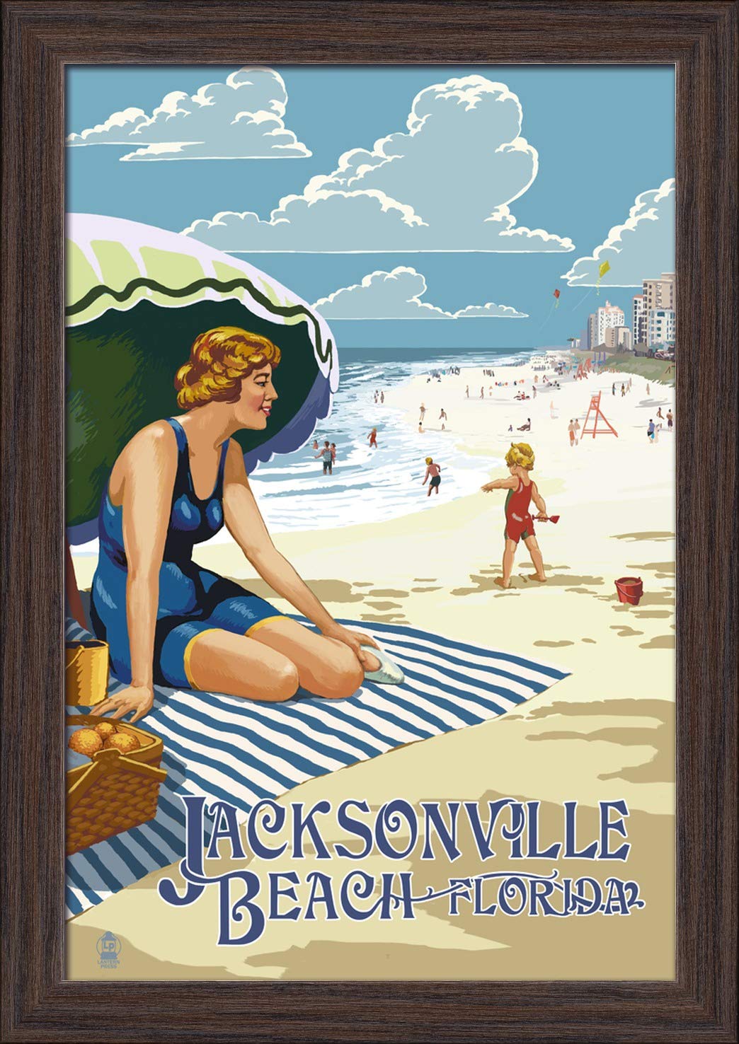 12x18 Giclee Fine Art Print - Jacksonville Beach Florida Coastal Scene with Recycled Wood Frame in Espresso Brown - Perfect for Living Room, Bedroom or Office Wall Decor