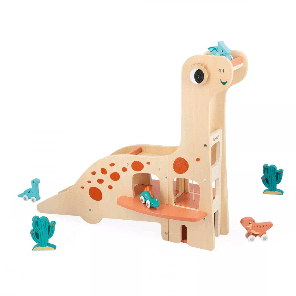Janod Dino Garage - Wooden Toy Car Garage for Kids with Dinosaur Theme | Pretend Play, Imaginative Play, Gift for Boys & Girls Ages 3+