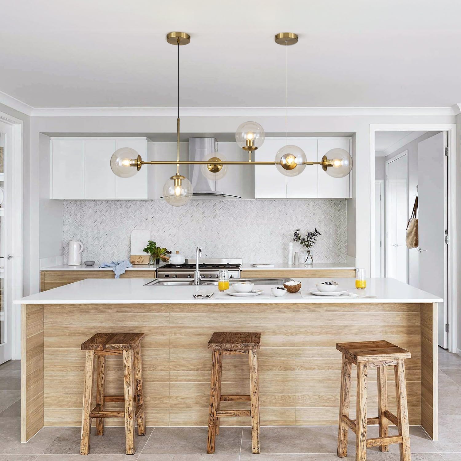 KCO Lighting 6-Light Amber Glass Linear Chandelier - Gold Brass Pendant Light Fixture for Kitchen Island & Dining Room | Modern Sputnik Ceiling Lighting for Home Decor