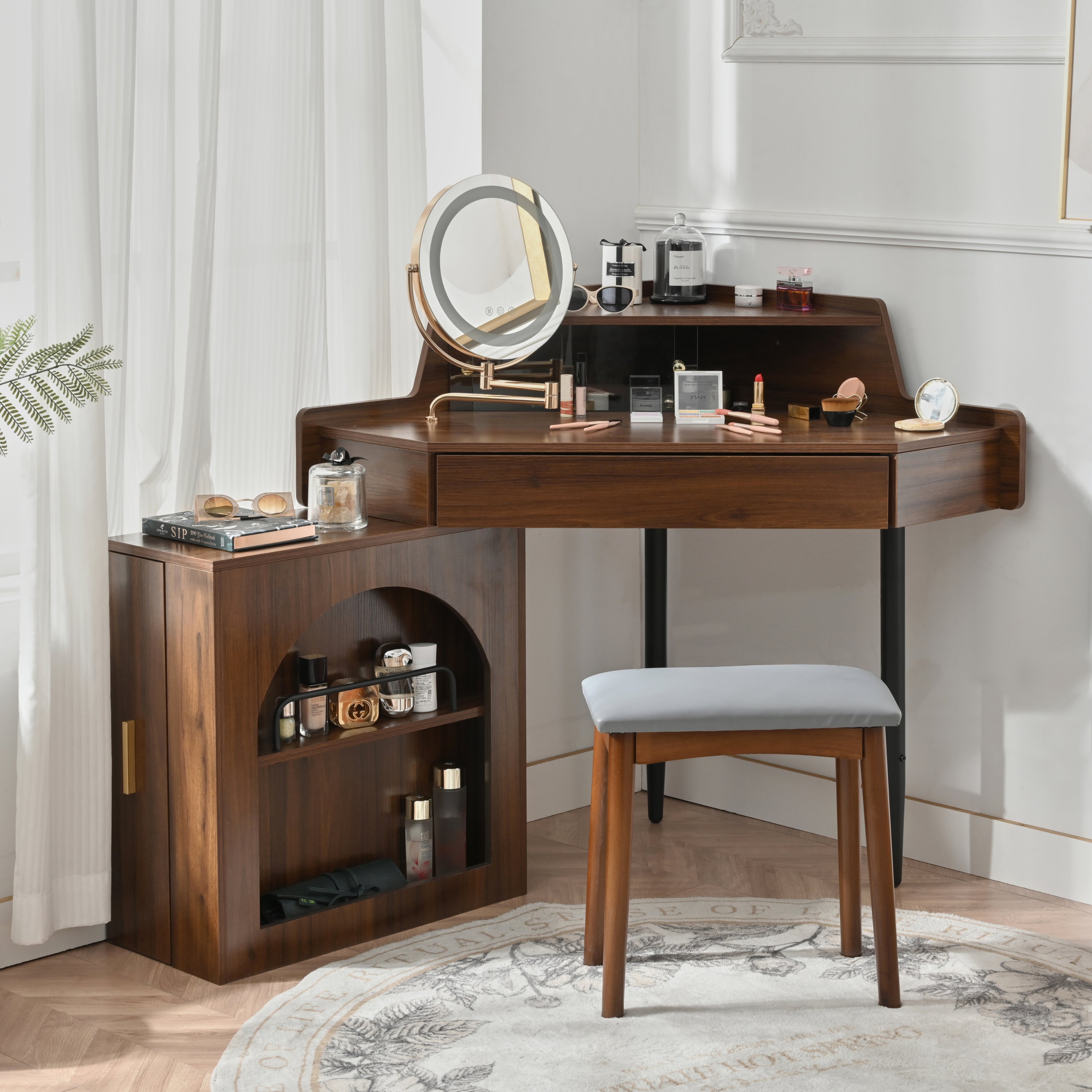 Modern Corner Makeup Vanity Desk with LED Lights & Adjustable Mirror - Walnut Dressing Table Set with Stool & Large Storage for Small Spaces | Perfect for Bedroom, Apartment & Studio Makeup Organization