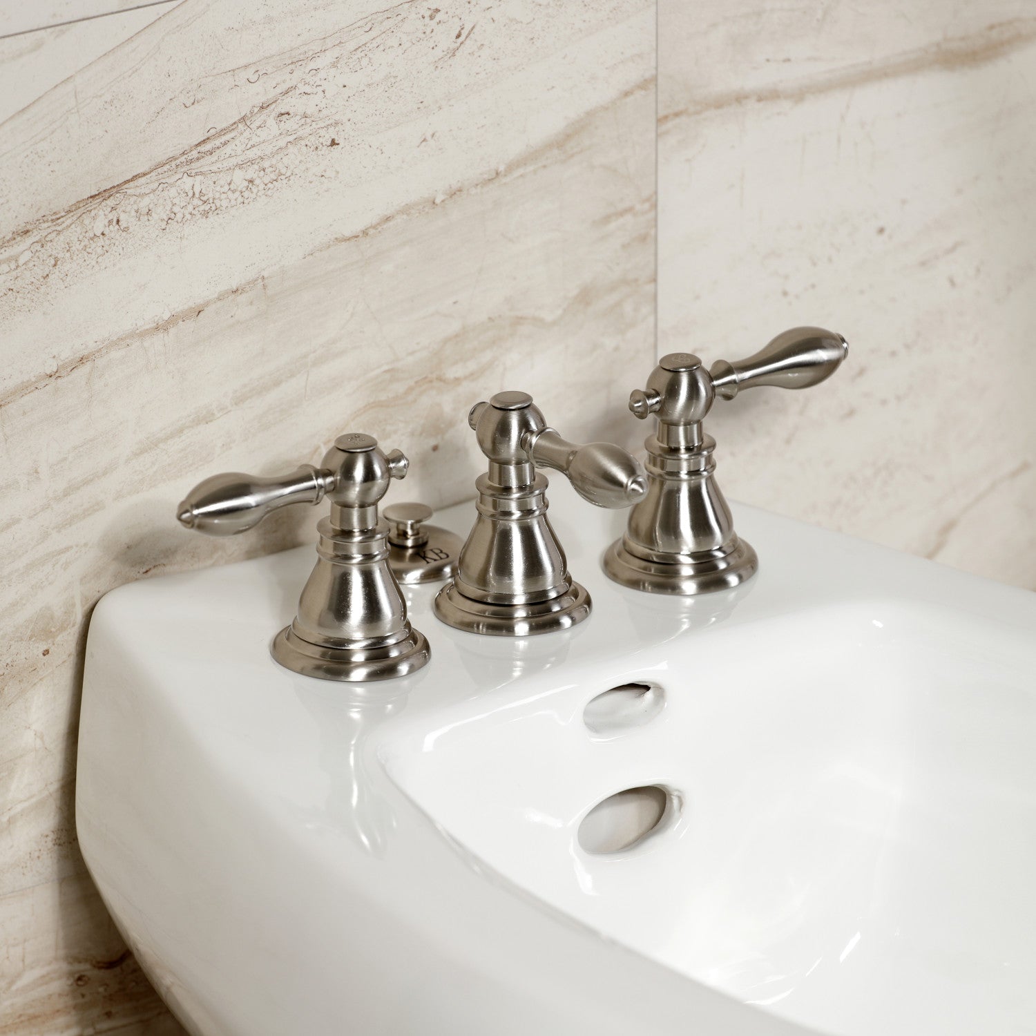 American Classic KB328ACL 3-Handle Deck Mount Vertical Spray Bidet Faucet with Brass Pop-Up Drain - Brushed Nickel Finish for Bathroom & Powder Room Renovation