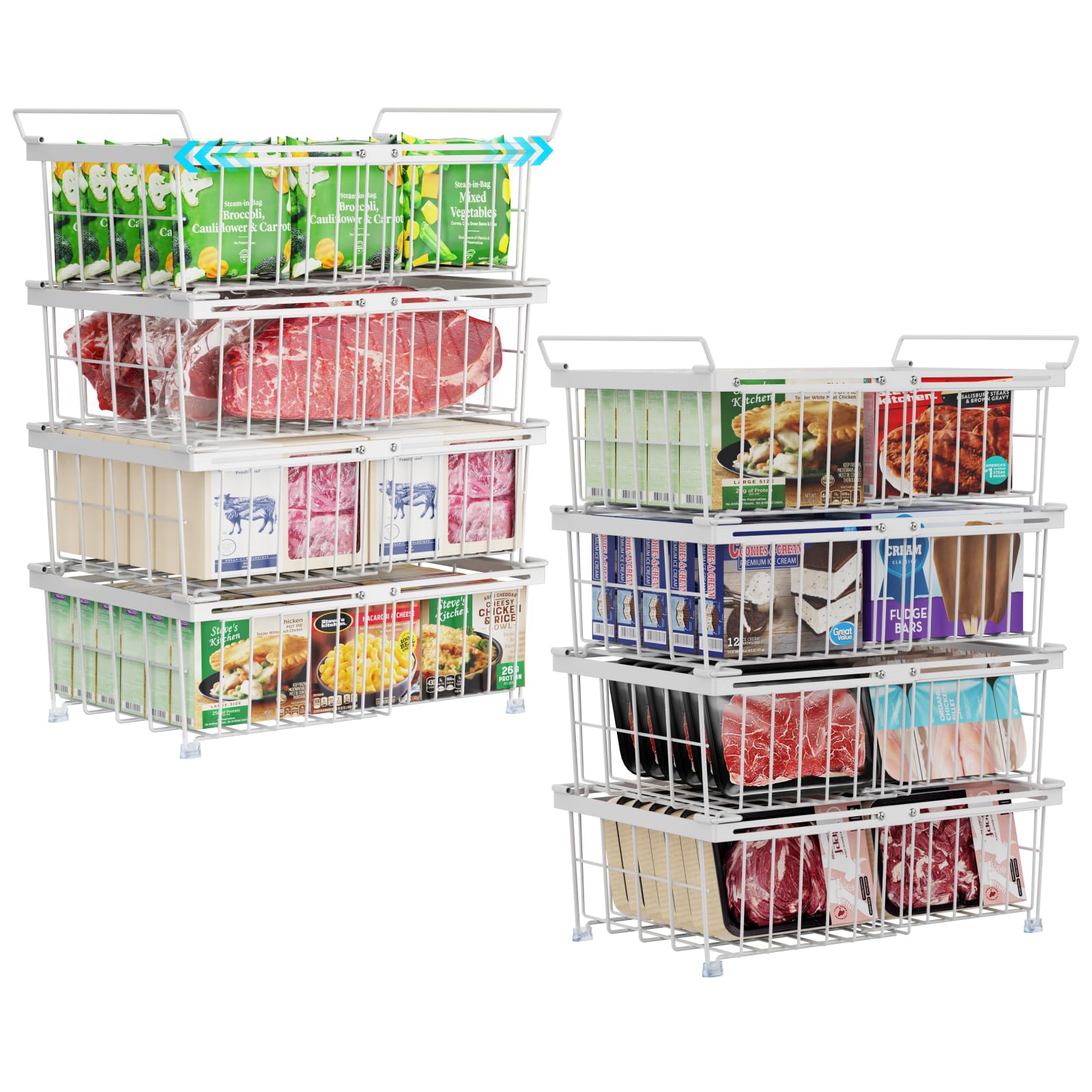 iSPECLE 8-Pack Large Expandable Stackable Freezer Organizer Bins - Perfect for 10-20 Cu.FT Deep Freezers, White - Keep Frozen Food Organized & Easily Accessible with Better Ventilation - Ideal for Home Kitchens, Garages & Basements