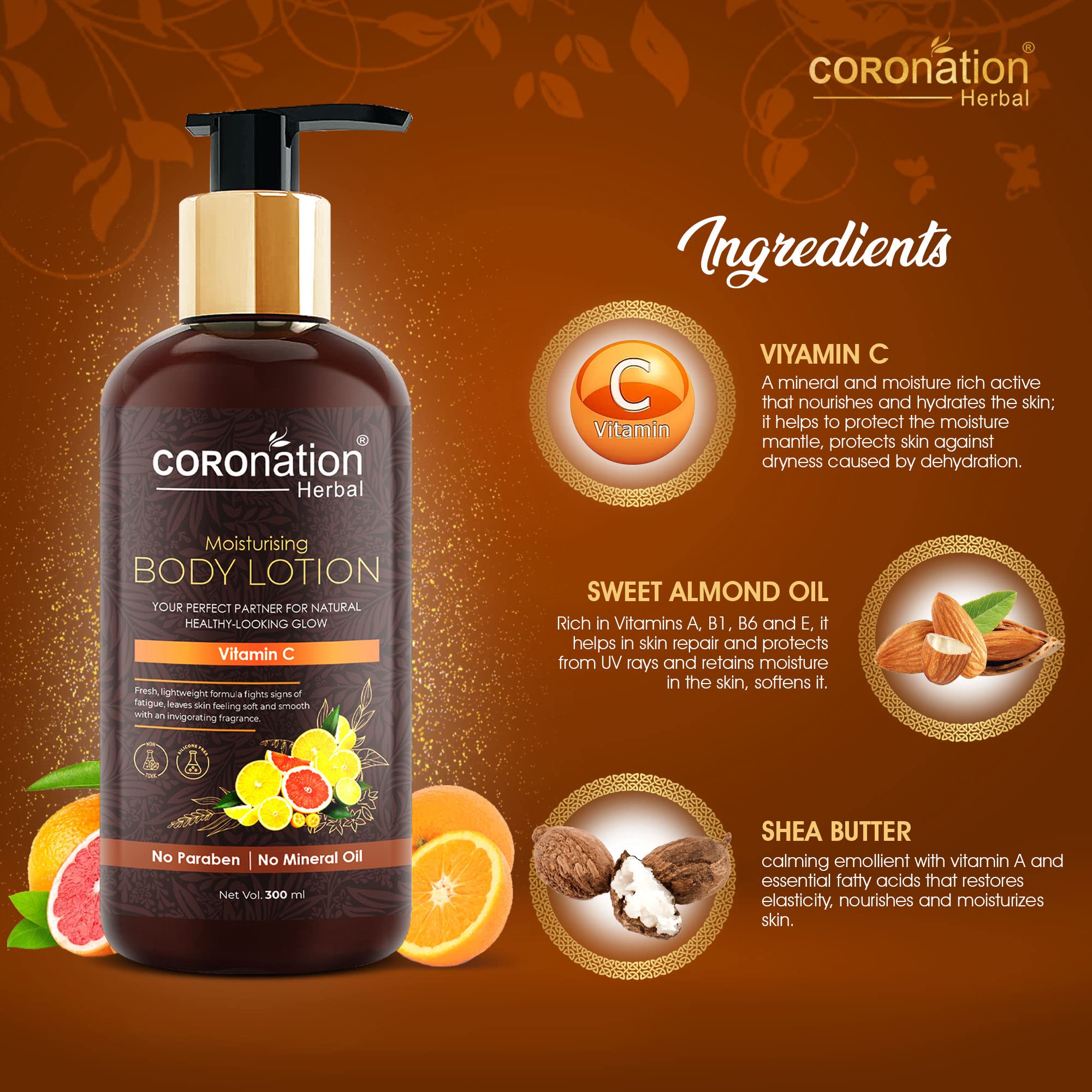 COROnation Herbal Vitamin C Moisturizing Face & Body Lotion for Men & Women - 300ml X 2 Pack - Hydrating, Brightening Skin Care for Dry Skin - Perfect for Daily Use, Travel & Gym
