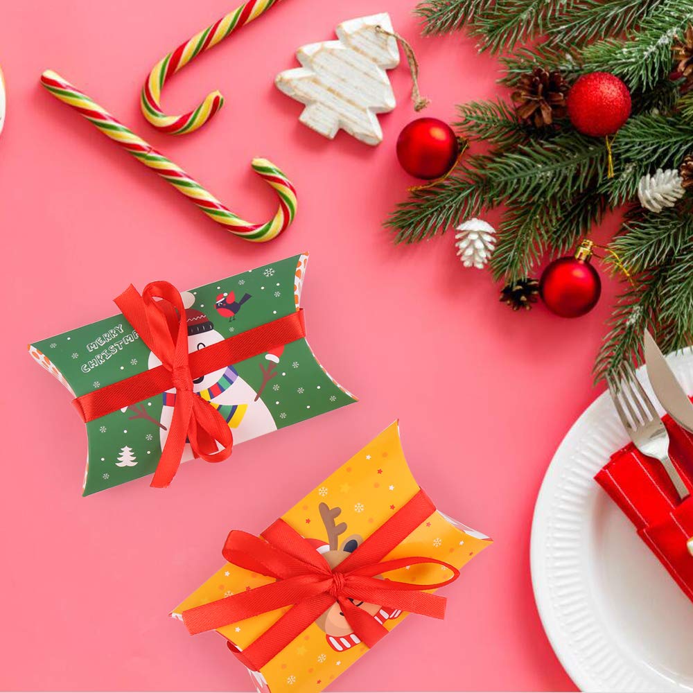 CCINEE Christmas Pillow Boxes - 50PCS Xmas Candy Gift Boxes with Red Ribbon Ties, Santa Elk Design for Holiday Party Favors, Stocking Stuffers & Christmas Gift Card Holders | Perfect for Holiday Decorations, Office Gifts & Festive Celebrations