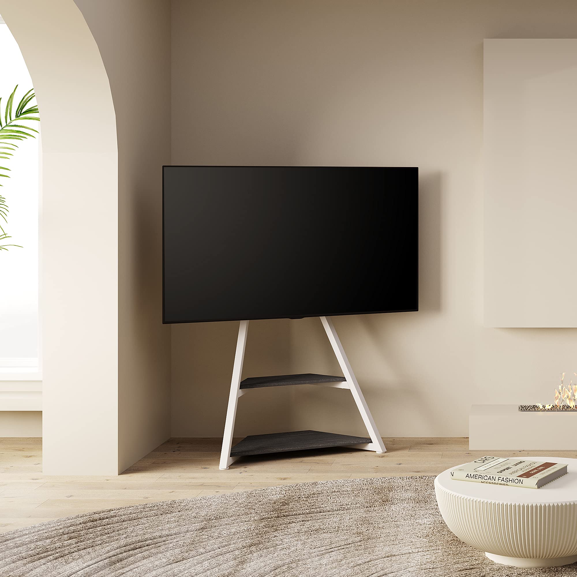 FITUEYES Eiffel Series Modern TV Stand for 43-75 Inch Flat/Curved Screens - White Wooden Storage Shelves TV Cart Floor Stand with Mount for LCD/LED TVs | Living Room, Bedroom, Office Entertainment Center