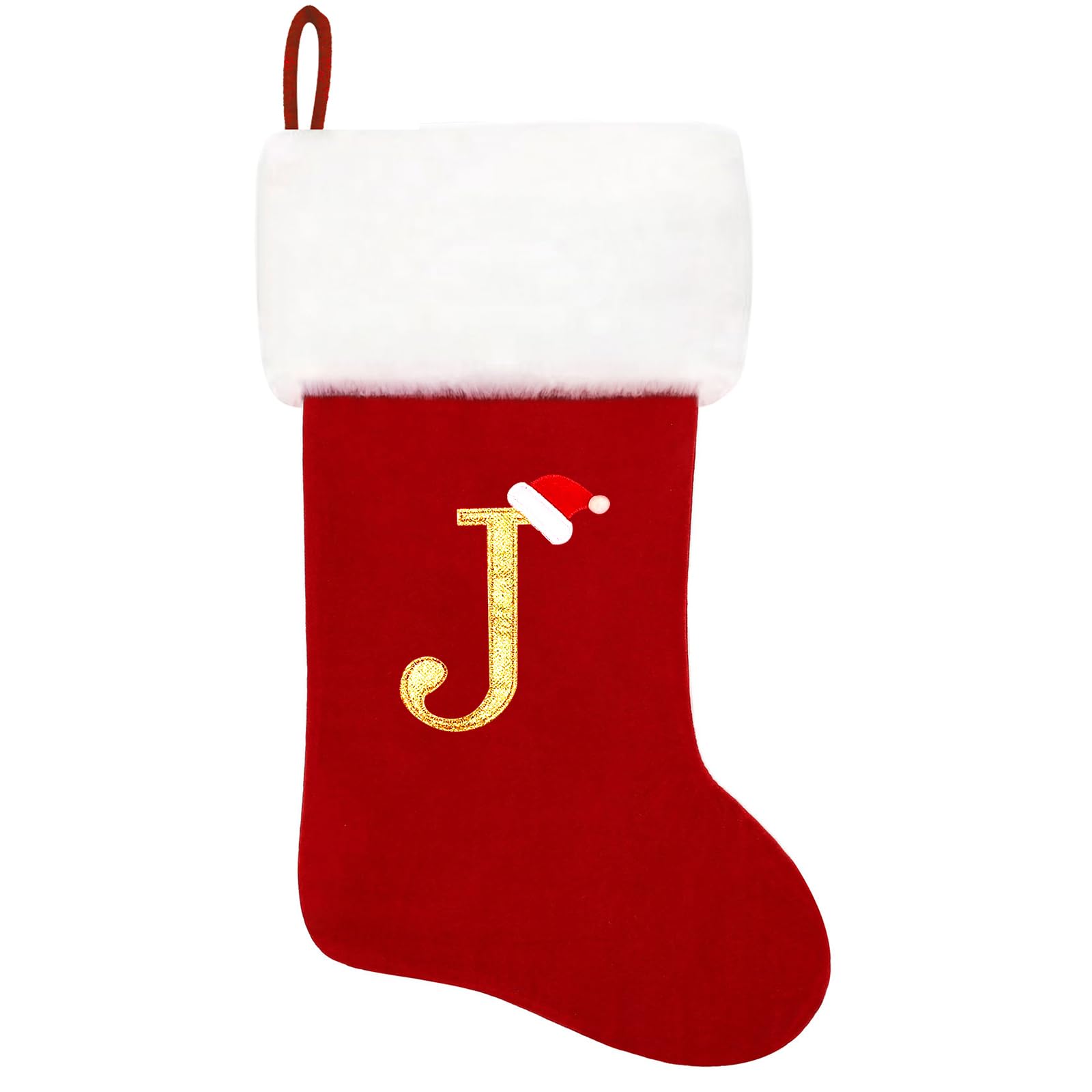 20 Inch Personalized Red Velvet Christmas Stockings with White Plush Cuff - Embroidered Monogram Letter J - Classic Holiday Decor for Fireplace Mantel, Gift Giving & Family Christmas Traditions