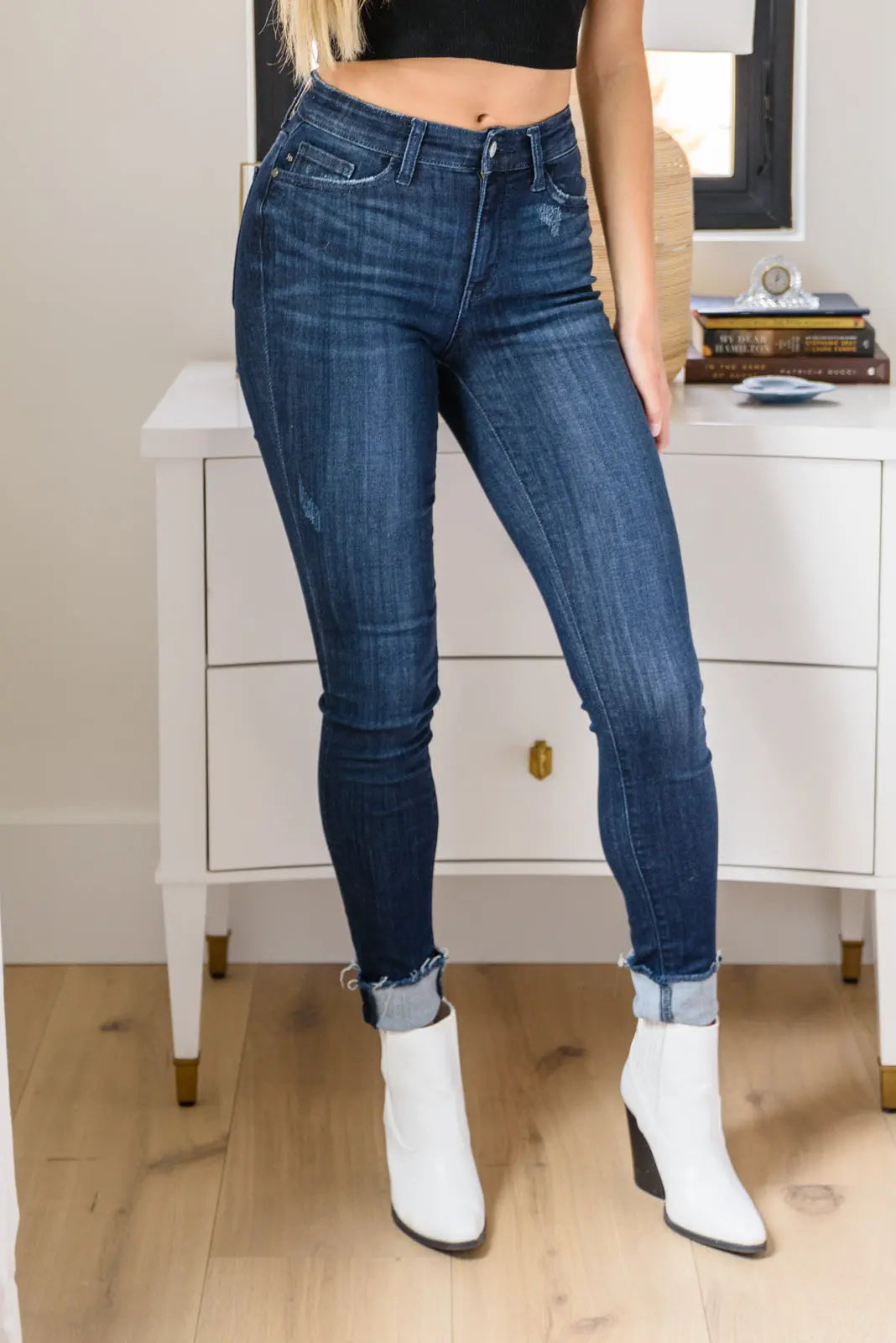 Maeve Mid Rise Dark Wash Cuffed Skinny Jeans for Women - Stretch Denim Pants, Slim Fit, Comfortable Everyday Wear for Work, Casual Outings & Date Nights