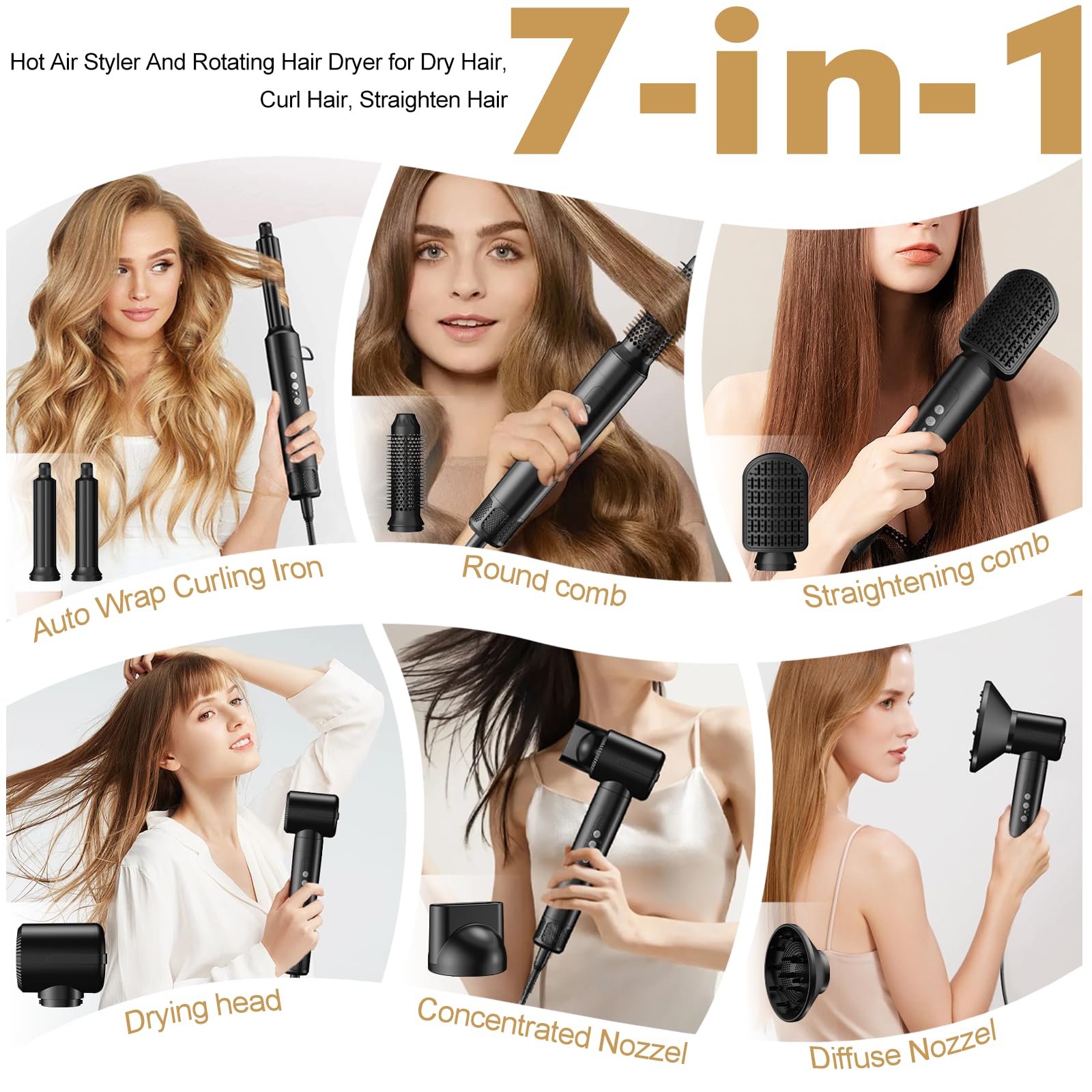 7 in 1 Hair Dryer Brush - 110,000 RPM High-Speed Blow Dryer with Curling Wand & Straightening Brush | Includes Diffuser & Concentrator Nozzles for Volumizing Styling | Perfect for Salon-Quality Blowouts at Home, Travel & Daily Hair Care