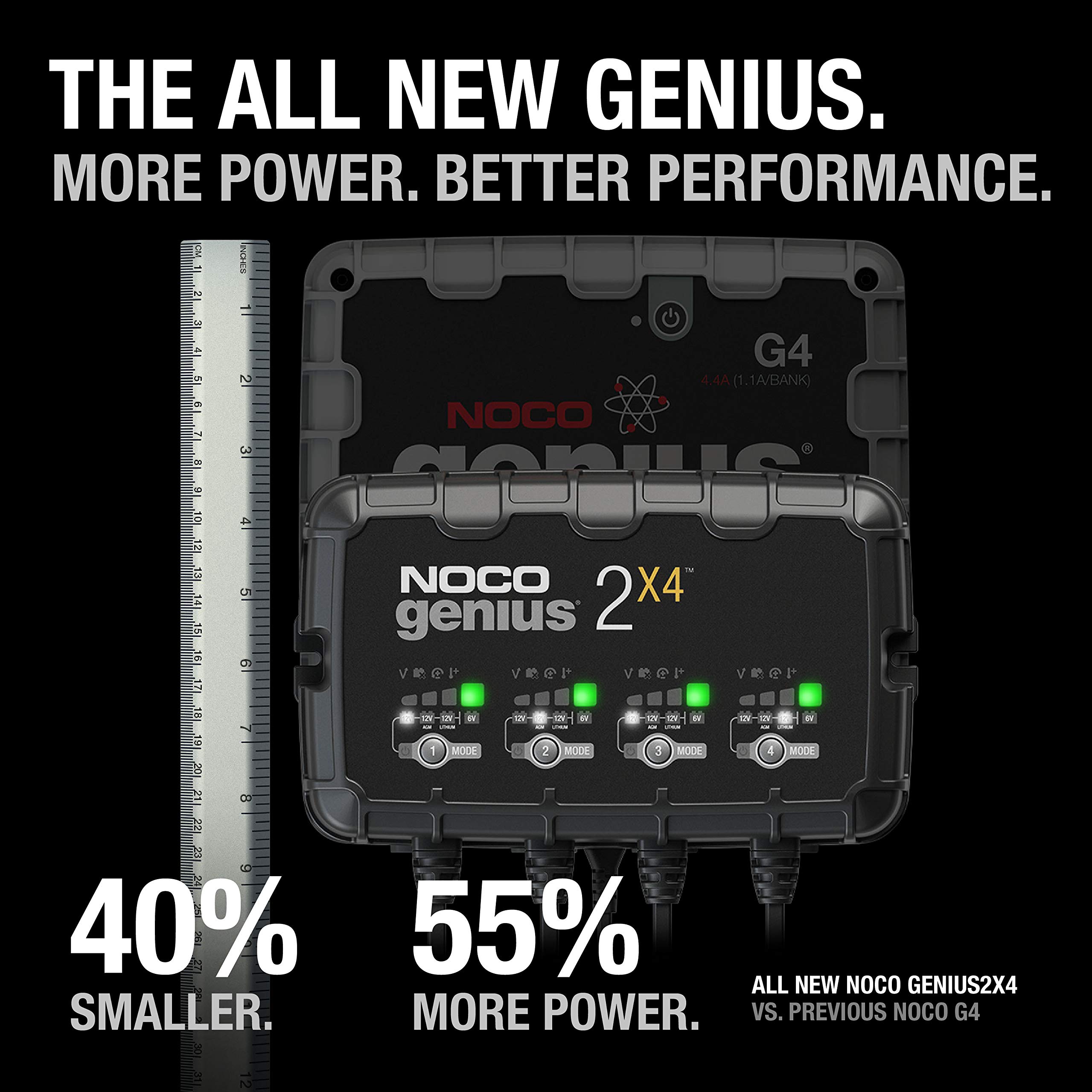 NOCO GENIUS2X4 Smart Car Battery Charger - 4-Bank 8A (2A/Bank) 6V/12V Automotive Charger, Battery Maintainer, Trickle & Float Charger with Desulfator for Motorcycle, ATV, Lithium Batteries - Perfect for Garage, RV & Seasonal Vehicle Storage