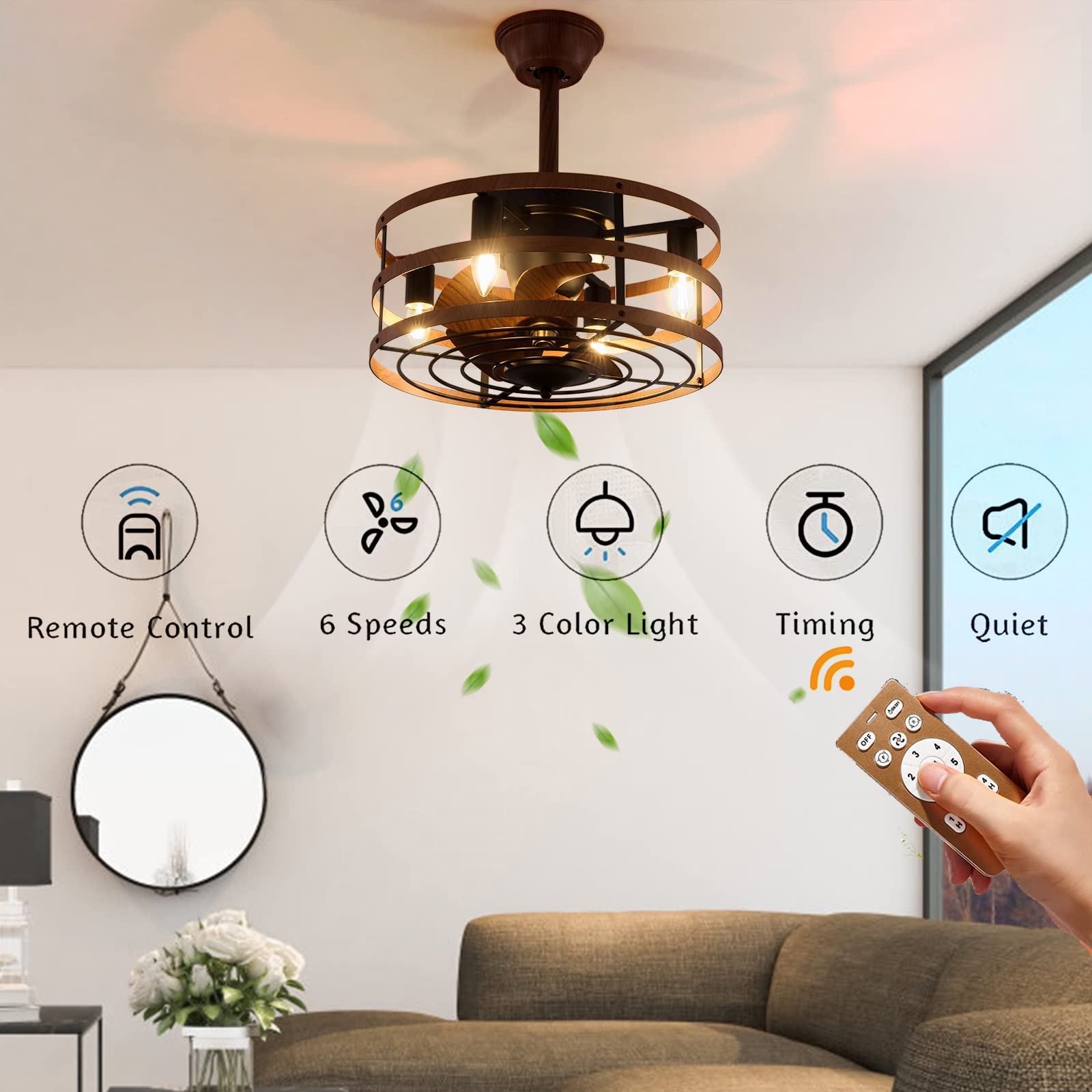 LOYALHEARTDY 18 Inch Rustic Ceiling Fan with Light Kit - Remote Control, 6-Speed Reversible Motor, Industrial Farmhouse Style, 5 Metal Blades - Perfect for Living Room, Bedroom, and Patio