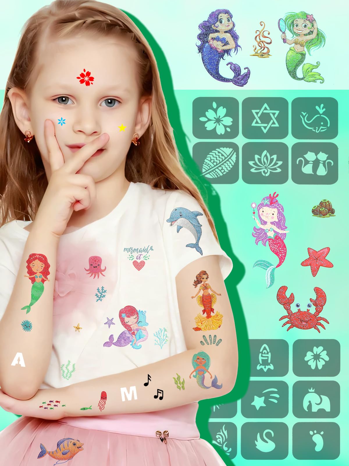 EBANKU 10-Count Temporary Tattoo Markers for Skin - Dual Tip Body Art Pens with 147 Tattoo Stencils & Mermaid Stickers | Flexible Brush & Fine Tip for Bold Lines | Safe Cosmetic-Grade | Perfect for Halloween, Costume Parties & Festival Body Art