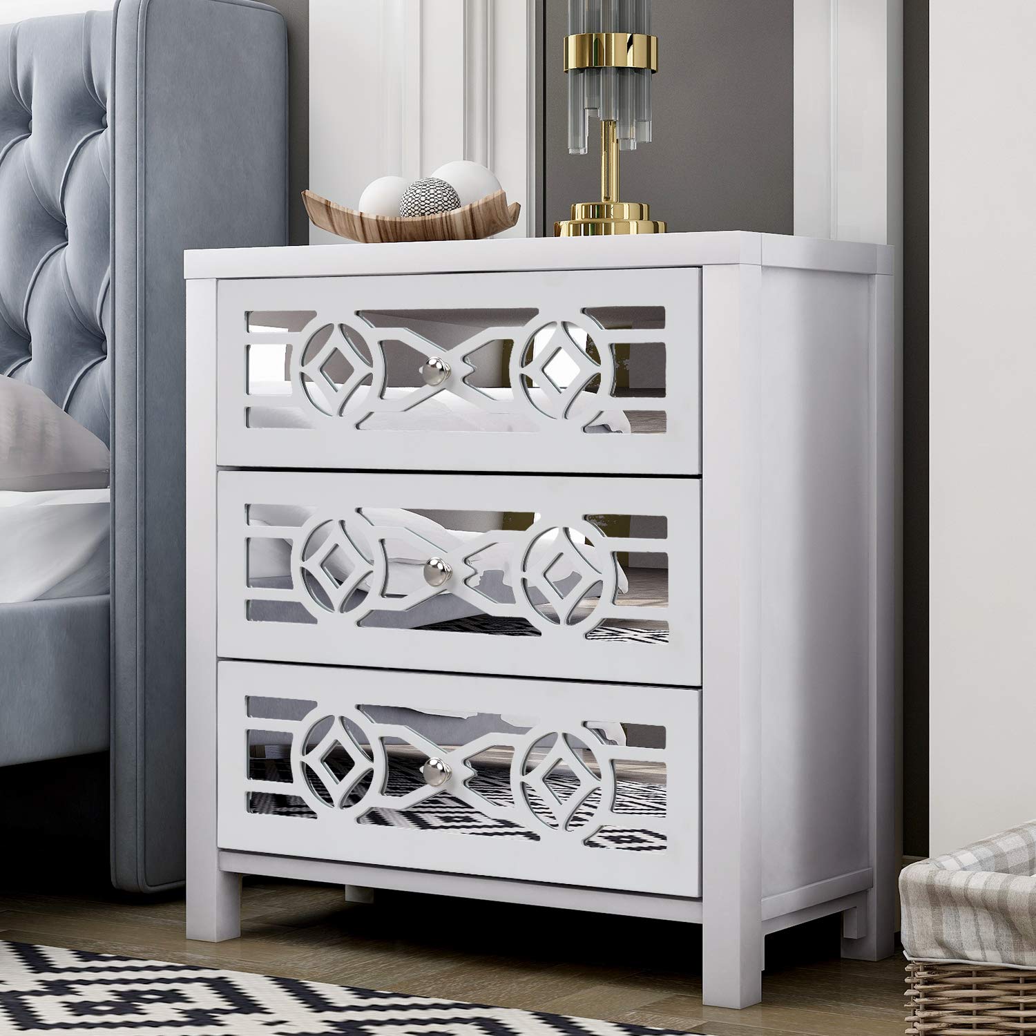 Antique White Mirror Door Accent Cabinet - 3-Drawer Wooden Dresser & Entryway Console Table, 26