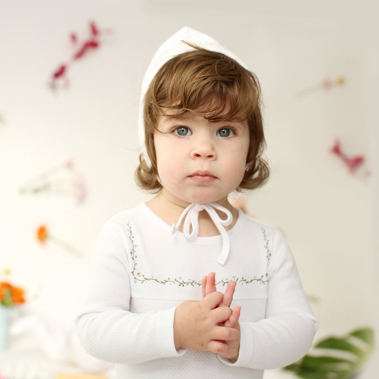 Bee & Dee Snow White with Green Vines Embroidered Linen Pointelle Collection Stretchie and Bonnet Set - Newborn Baby Girl Photo Outfit & Baptism Christening Gift