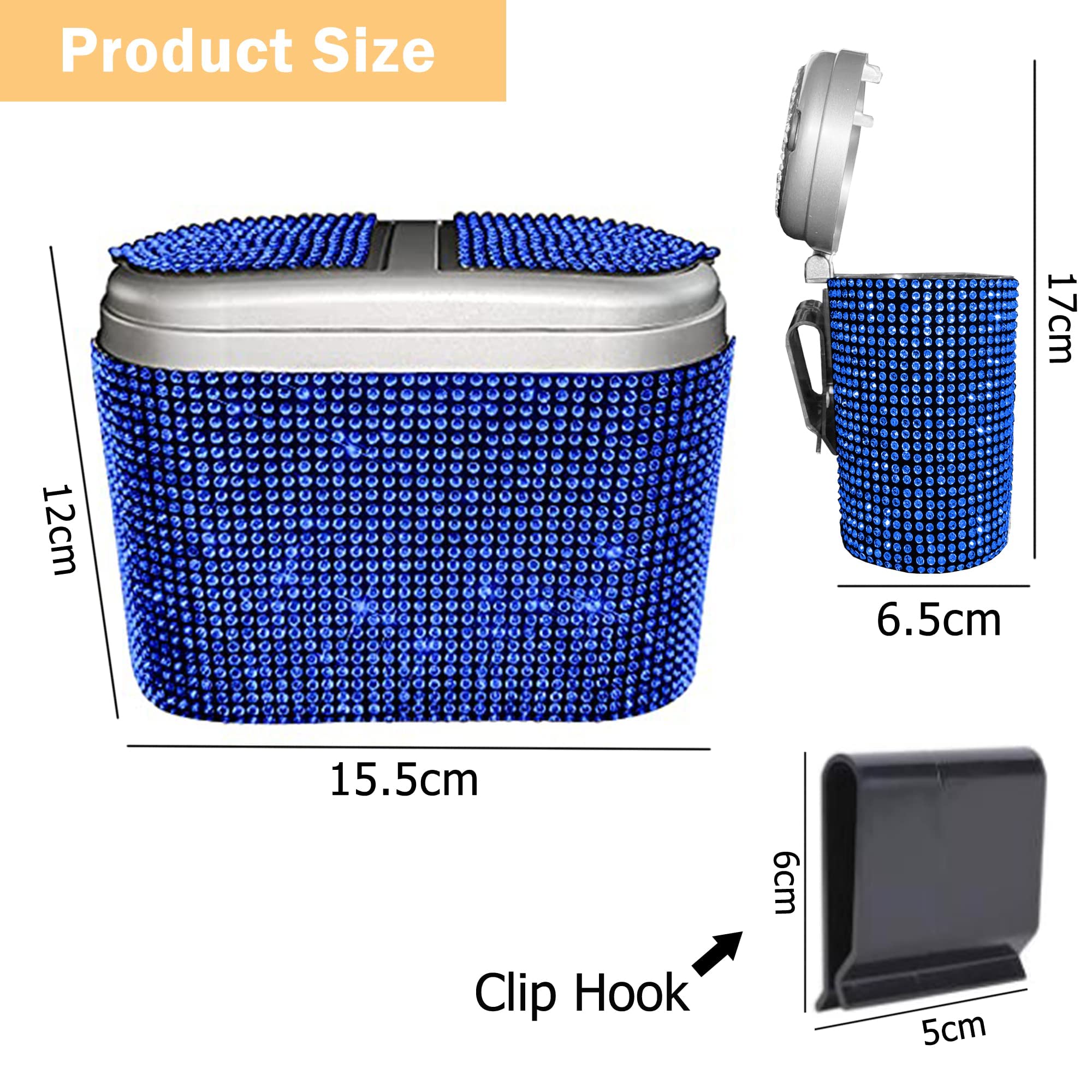 **Sparkling Crystal Car Trash Can with Lid - Hanging Waterproof Auto Garbage Bin for Car, Office, Home & Bedroom - Mini Bling Trash Bag for Desktops & Vehicles (Blue)**    *(Perfect for road trips, daily commutes, office desks, bedrooms, and keeping your space clean & stylish!)*