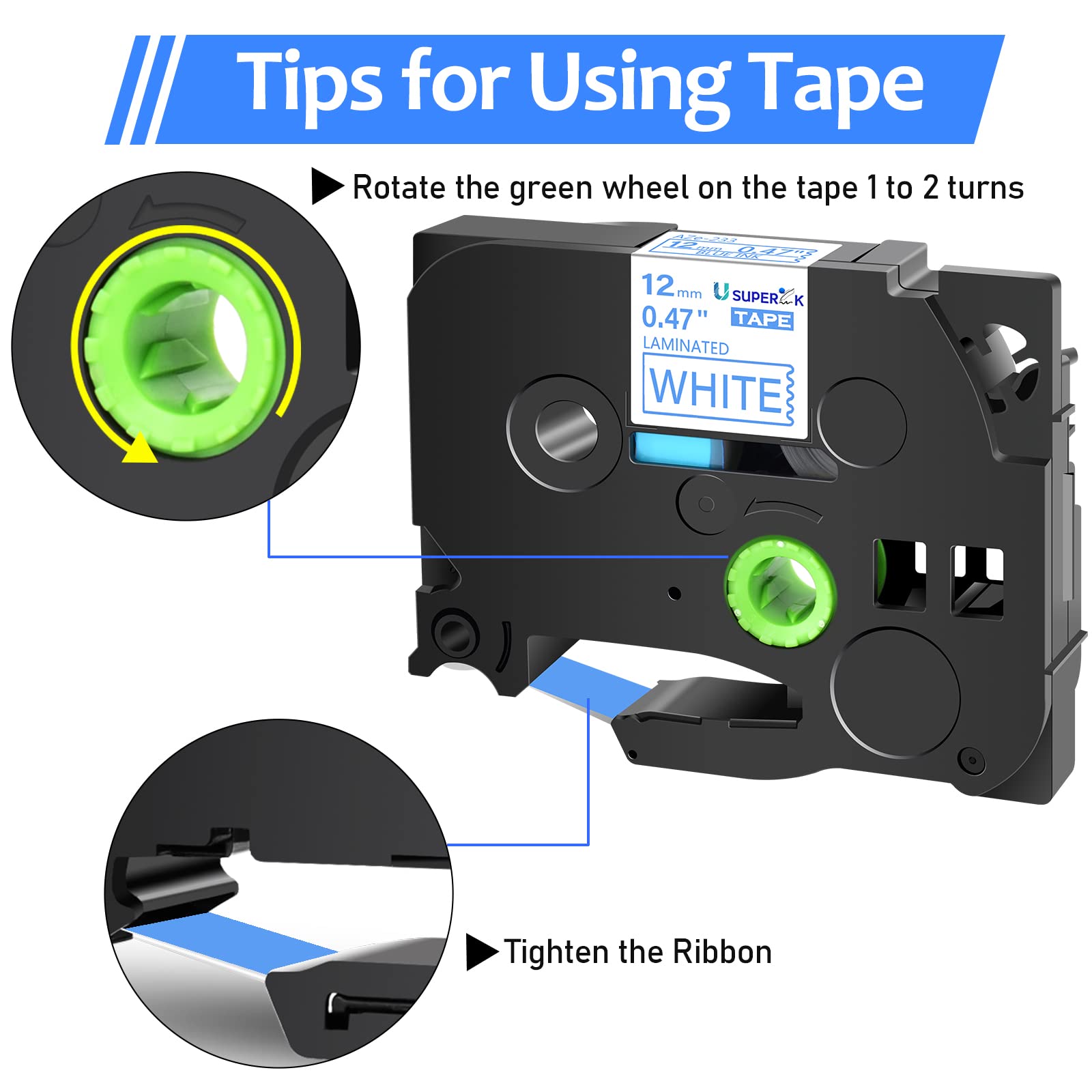 USUPERINK 2-Pack Brother P-Touch Label Maker Tape - Compatible with TZe-233, TZ-233, TZe233, TZ233 (Blue on White, 12mm/0.47