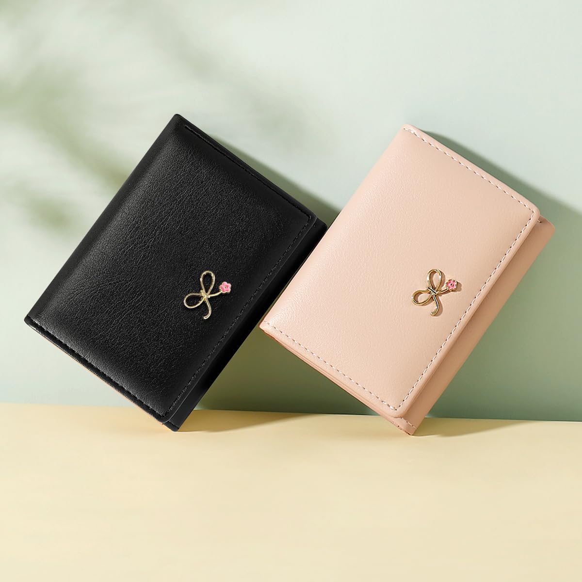 Sunwel Fashion Girls Cute Coquette Bow Wallet - Pink Floral Small Wallet with Cash Pocket, Card Holder & ID Window - Women's Purse for Everyday Use, Travel & Gift (BLACK)