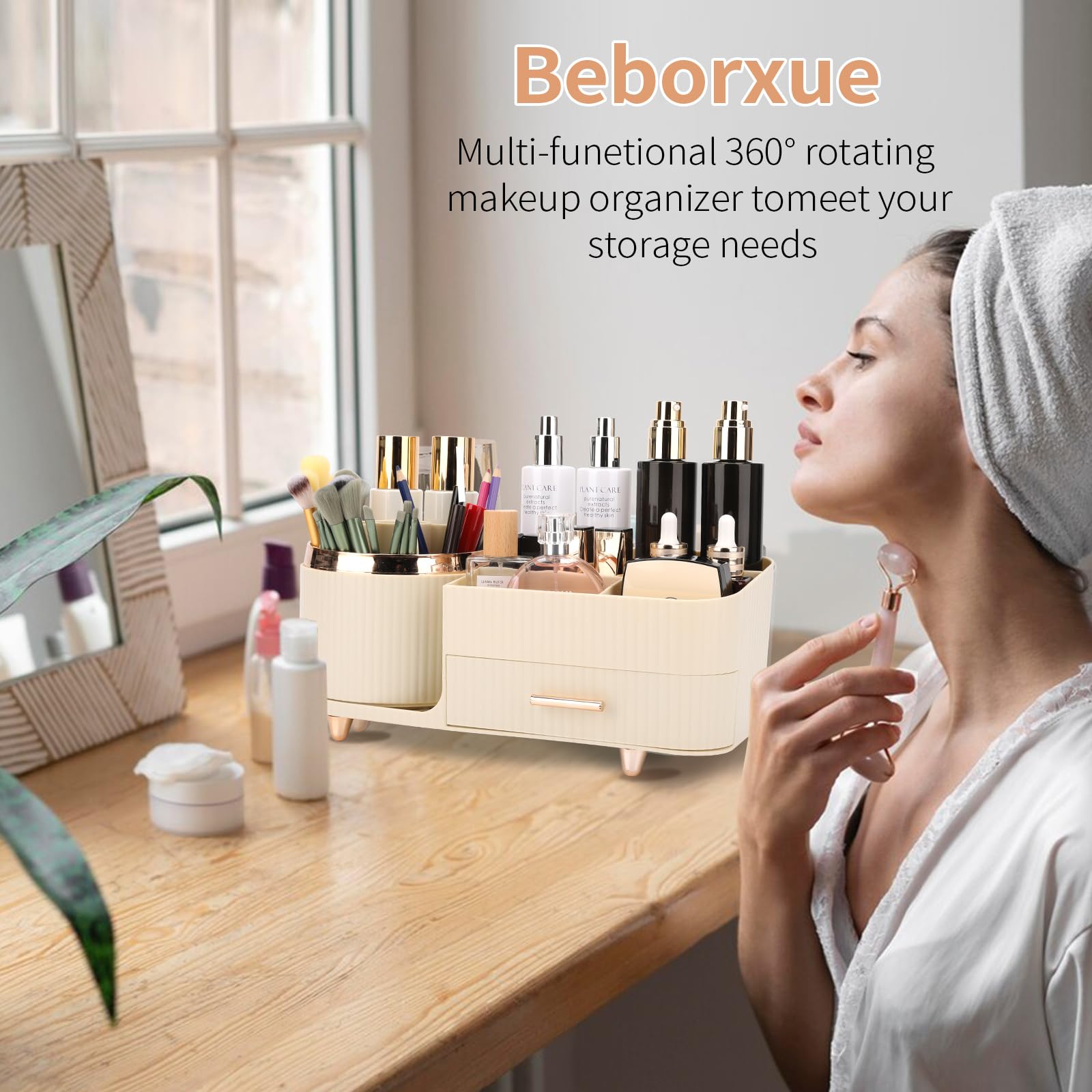 Beborxue 360° Rotating Makeup Organizer with Drawers - Large Capacity Cosmetic Display Case & Skincare Organizer for Lipstick, Brushes, Eyeshadow | Perfect for Vanity, Bathroom & Dressing Table Organization (Rice White)