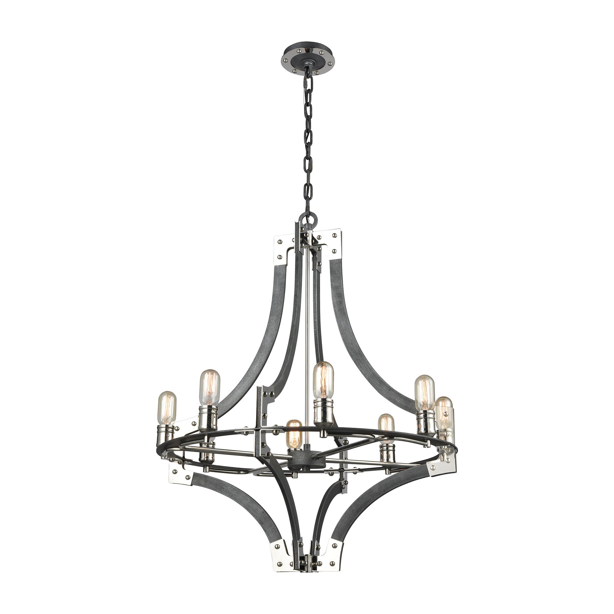 8-Light Riveted Plate Chandelier in Silverdust Iron & Polished Nickel Finish - Perfect for Dining Room, Foyer, and Living Room Lighting