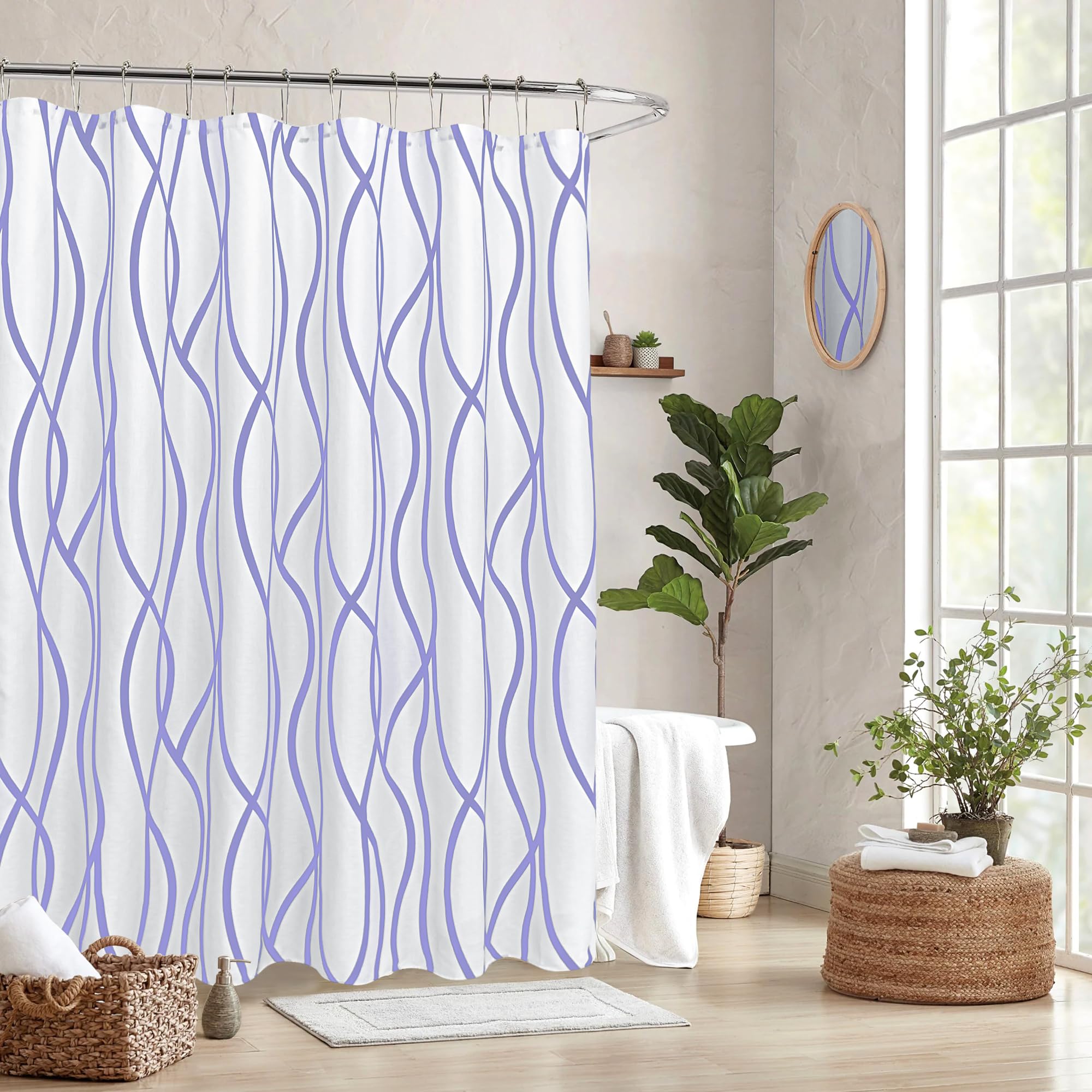 Biscaynebay Textured Fabric Shower Curtain 72x72 Inch - Lavender Striped Linen Bathroom Curtain, Luxury Hotel Quality, Machine Washable - Perfect for Modern Home, Spa & Guest Bathroom Decor