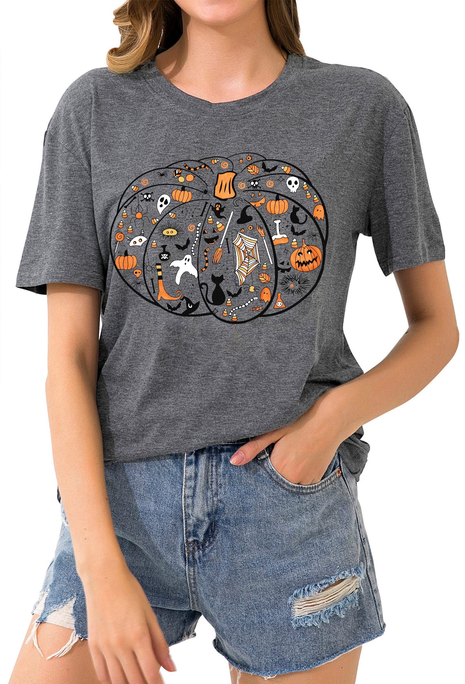 Women's Halloween Pumpkin Leopard Graphic Short Sleeve T-Shirt | Fall Thanksgiving Casual Top | Perfect for Costume Parties, Autumn Outings & Holiday Gifting