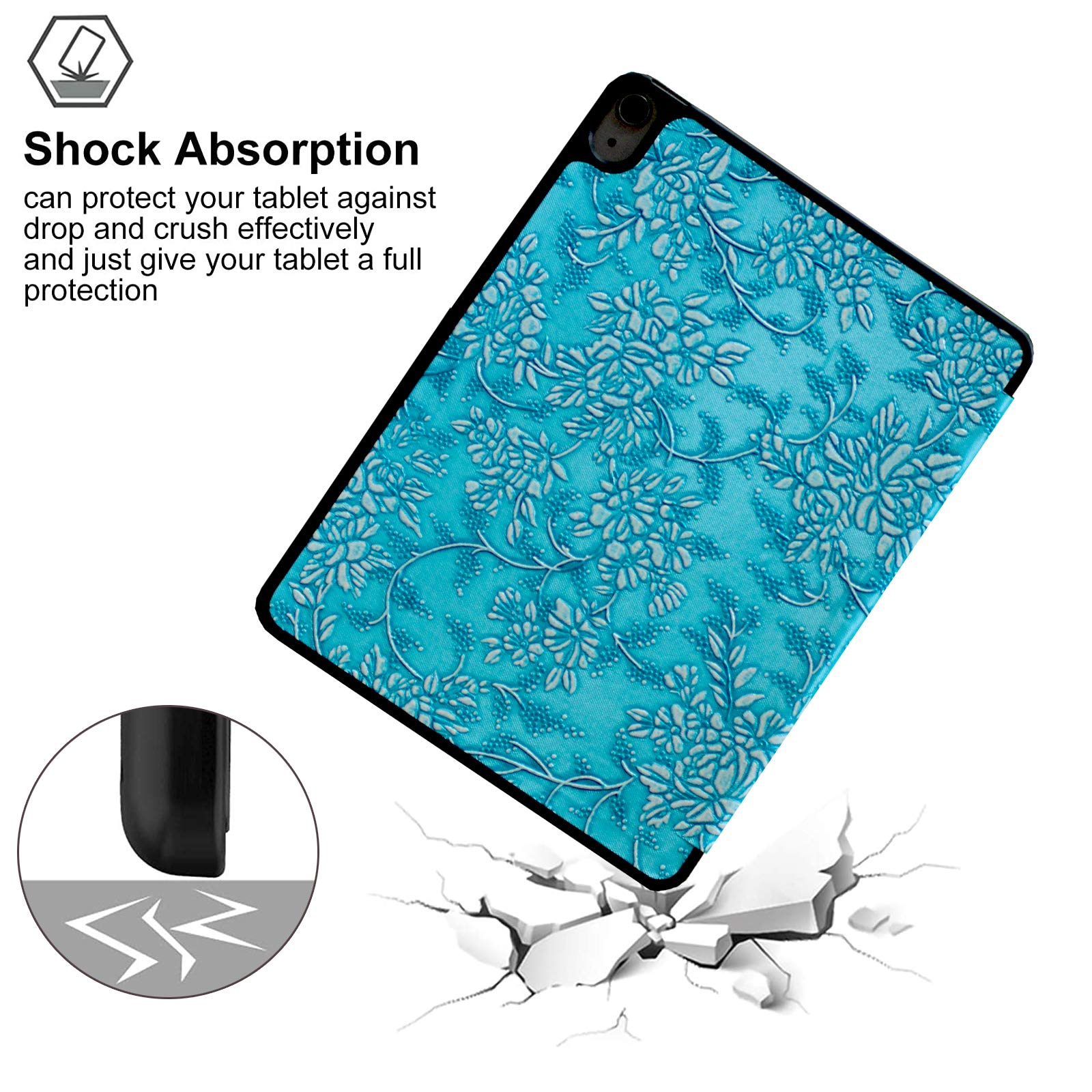 Shockproof Trifold Stand Case for iPad Air 5th Gen (2022) & 4th Gen (2020) - 10.9 Inch Protective Cover with Embossed Flower Design | Perfect for Work, Study & Travel | Compatible with Models A2588 A2589 A2591 A2316 A2324 A2072