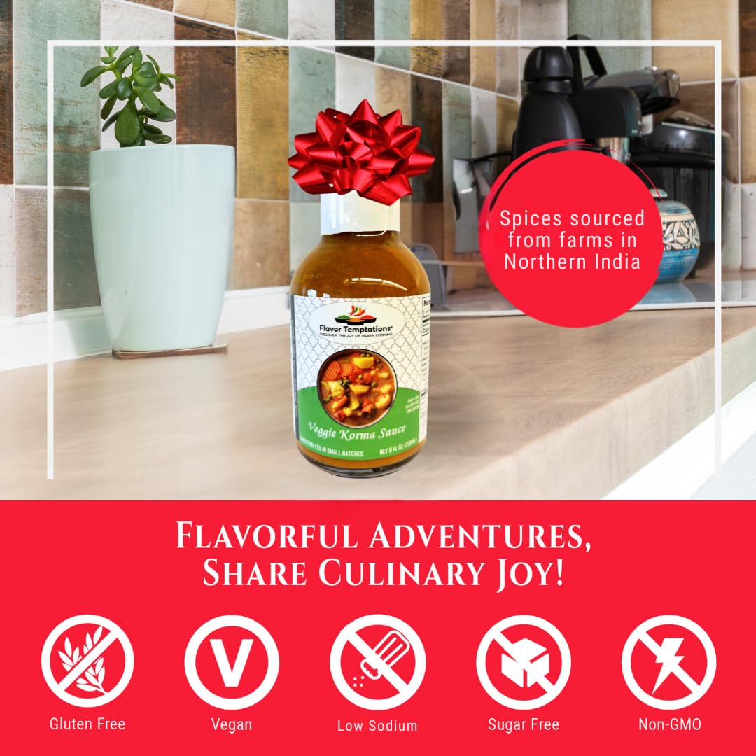 Flavor Temptations Organic Veggie Korma Indian Curry Simmer Sauce | Vegan, Gluten-Free, Low Sodium Authentic Indian Cooking Sauce | 8 FL Oz Glass Jar | Perfect for Vegan Meals, Dinner Parties & Meal Prep