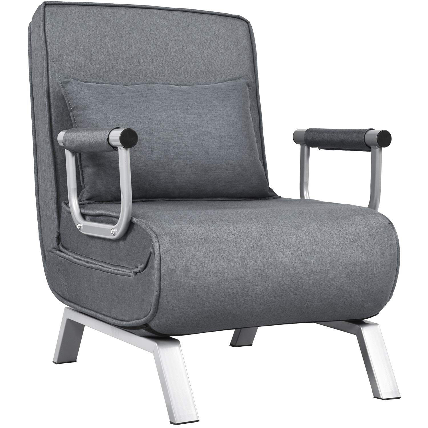 5-Position Adjustable Convertible Sofa Bed Sleeper Chair - Modern Chaise Lounge with Pillow & Upholstered Seat - Foldable Armchair for Small Spaces - Perfect for Bedroom, Home Office & Guest Room (Grey)