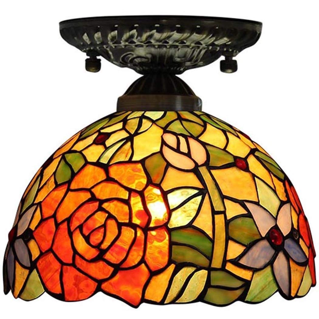 8 Inch Tiffany Style Stained Glass Ceiling Light - Round E27 Flush Mount Lamp with Rose Design (Max 40W) for Hallway, Bedroom & Living Room | Vintage Home Decor Lighting Fixture