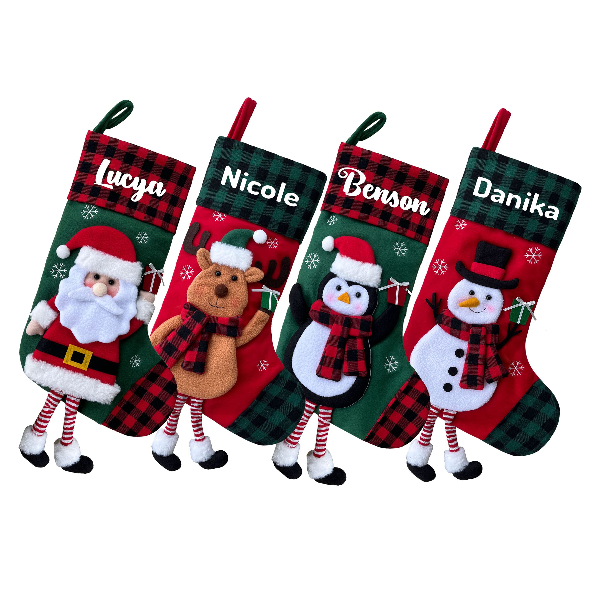 2 Pack Personalized Christmas Stockings - 3D Buffalo Plaid Red & Green Large Fireplace Hanging Stockings for Holiday Decor - Family Xmas Stocking Set of 2 - Perfect for Fireplace Mantel, Staircase & Festive Home Decor