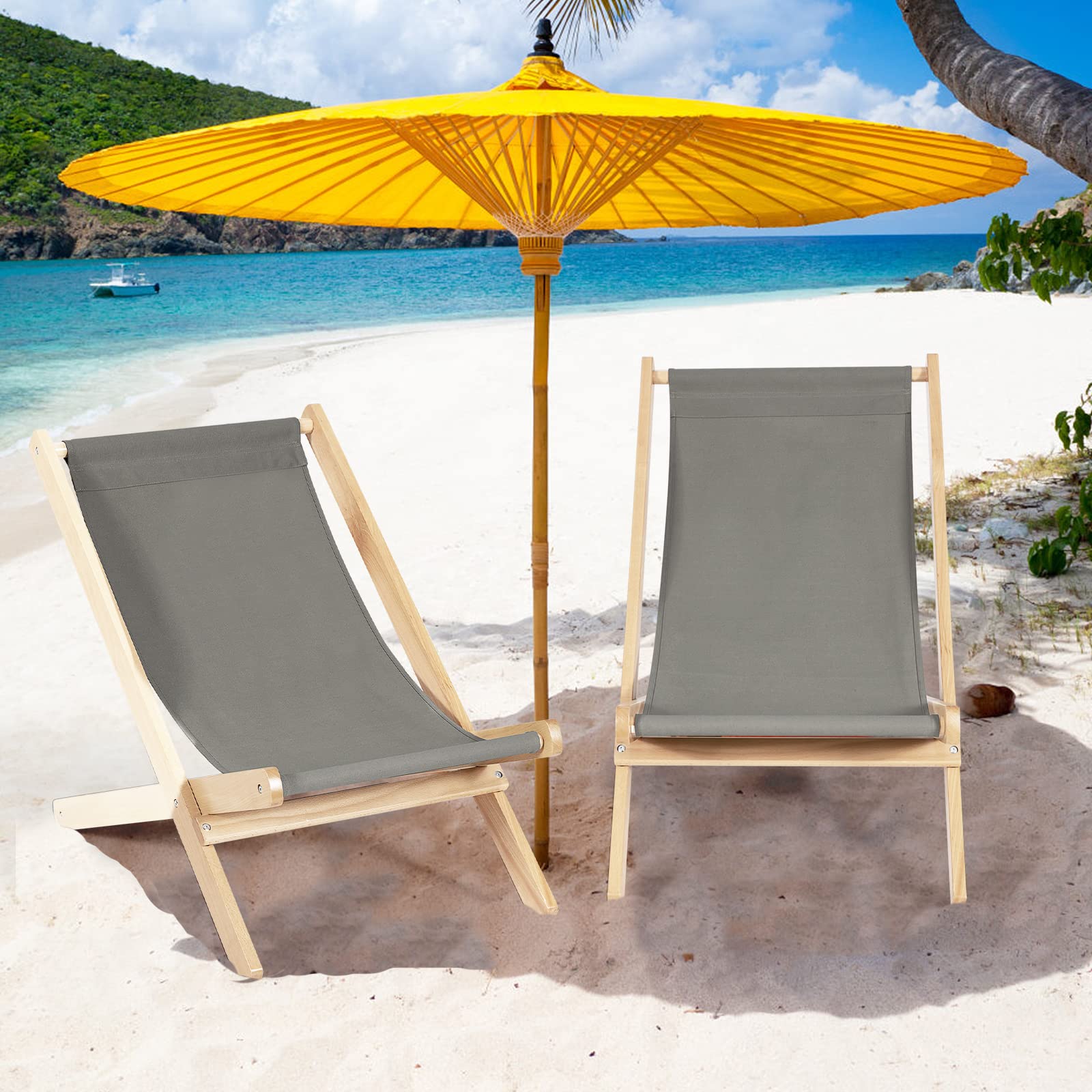 Giantex Adjustable Folding Beach Sling Chair - 3-Position Outdoor Lounge Chaise with Wood Frame & Thick Cushion - Dual Purpose Indoor/Outdoor Use for Sunbathing, Camping, Patio & Living Room Relaxation (Gray, 2-Pack)