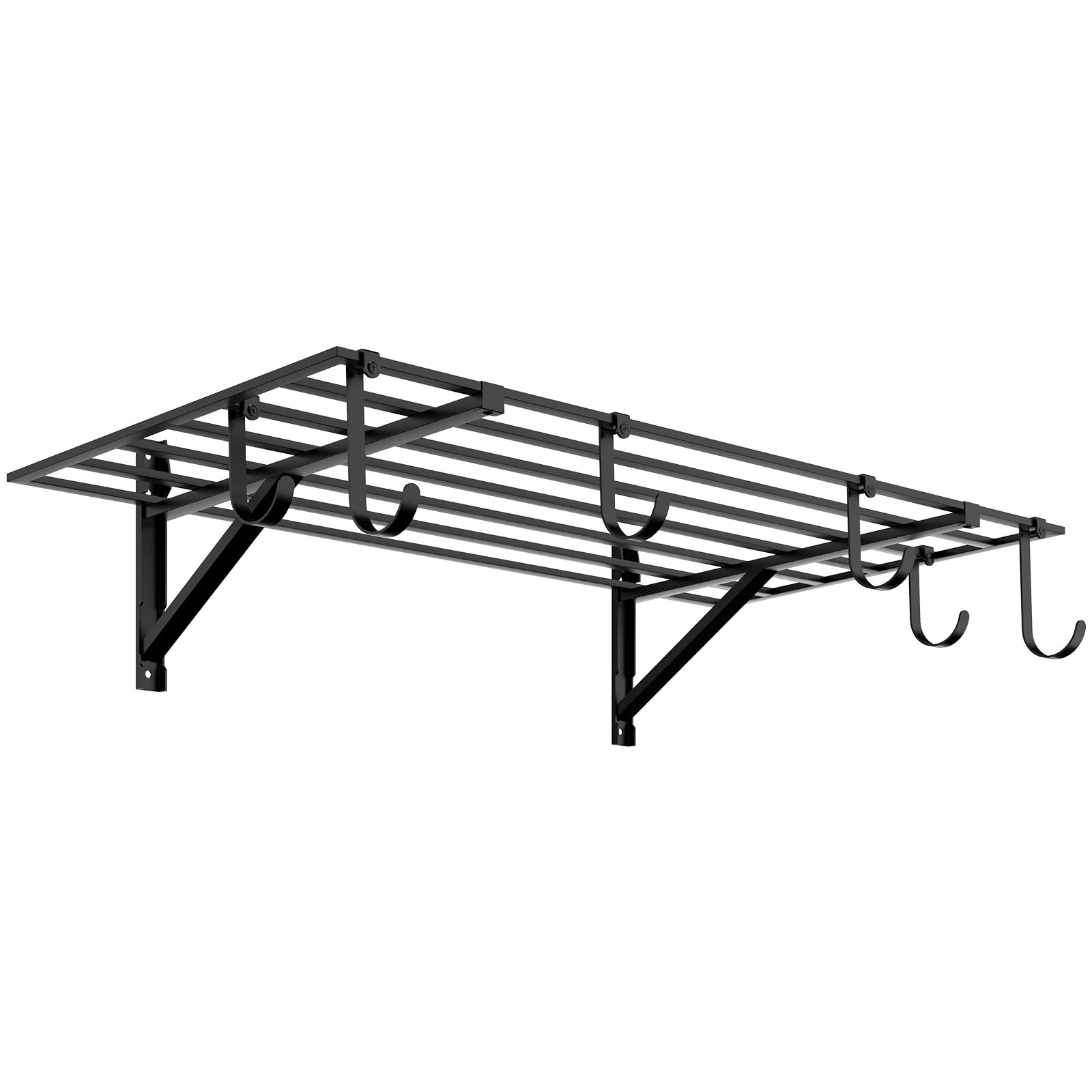ROOMTEC Heavy Duty Garage Wall Mounted Shelves with 6 Hooks - 2x4FT Steel Garage Shelving - 400 lbs Capacity (1 Pack) - Perfect for Garage Storage, Workshop Organization & Home Tool Rack