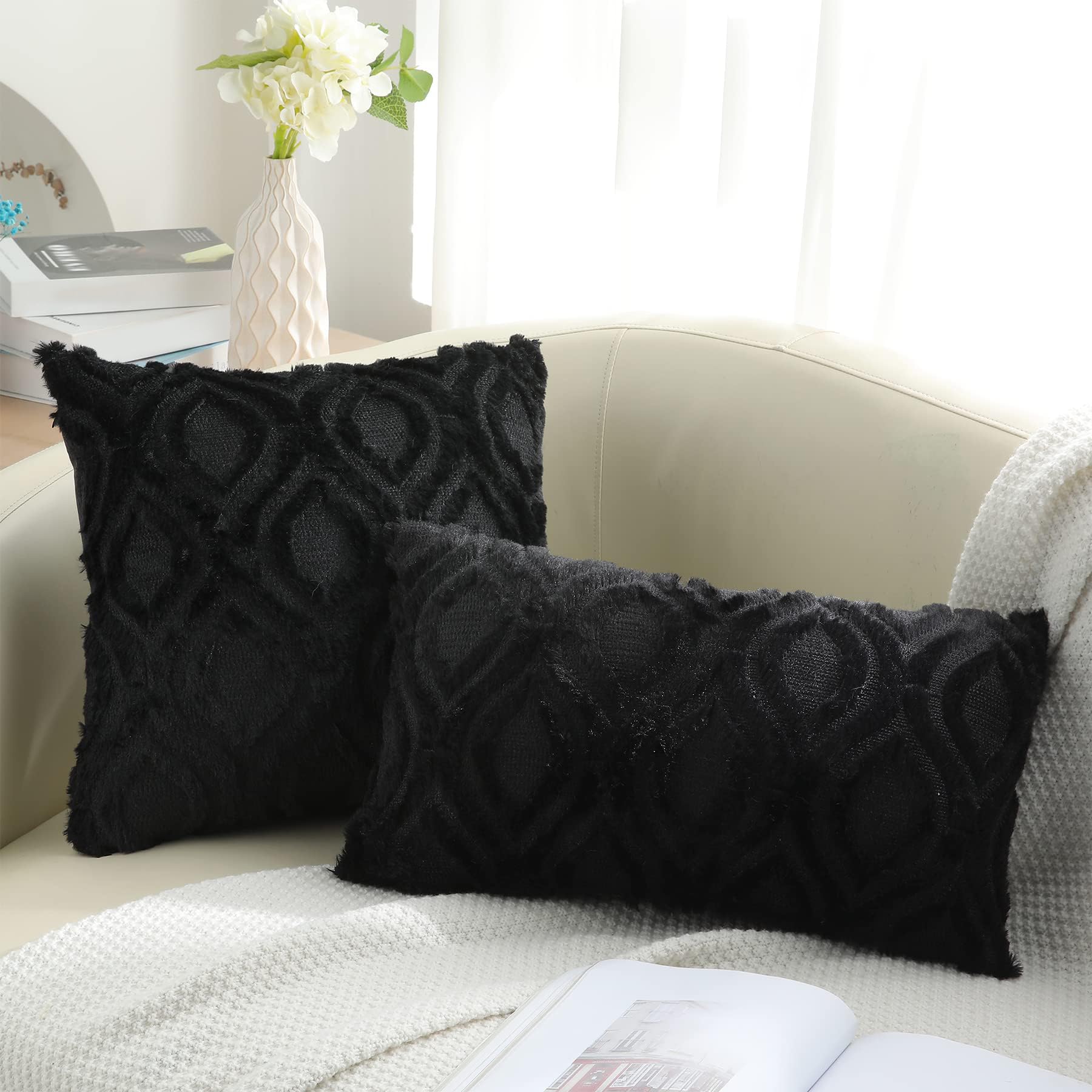 20x20 Inch Soft Plush Faux Wool Throw Pillow Covers Set of 2 - Black Decorative Couch Pillows for Living Room, Sofa & Bed - Cozy Home Decor Accent for Winter & Spring Seasons